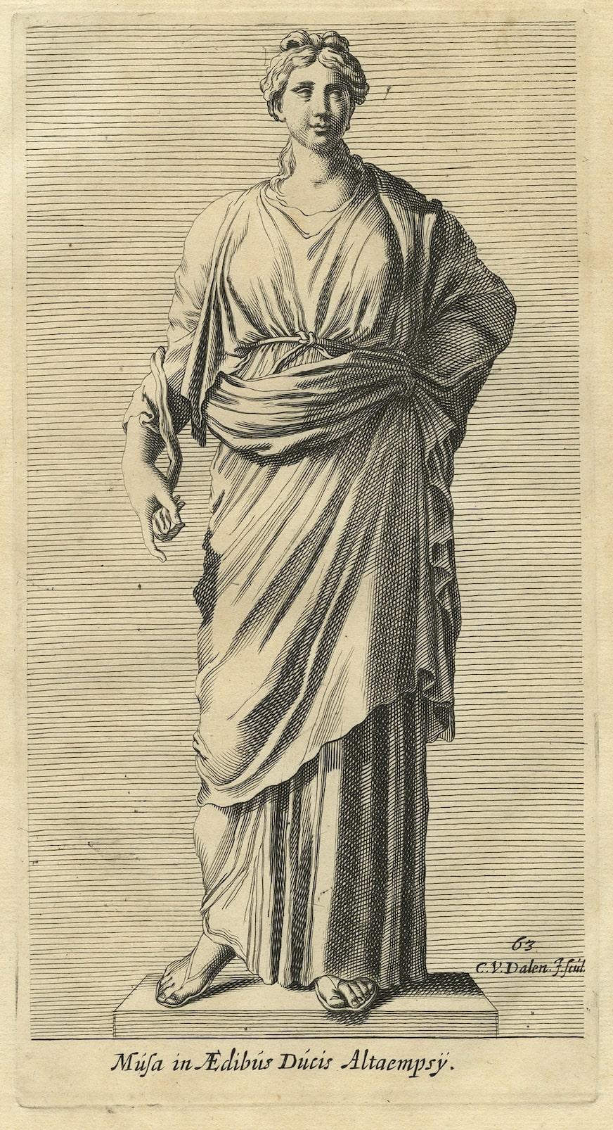 Engraved Print of a Muse, Inspirational Goddesses of Literature, Science and Arts, 1660 For Sale