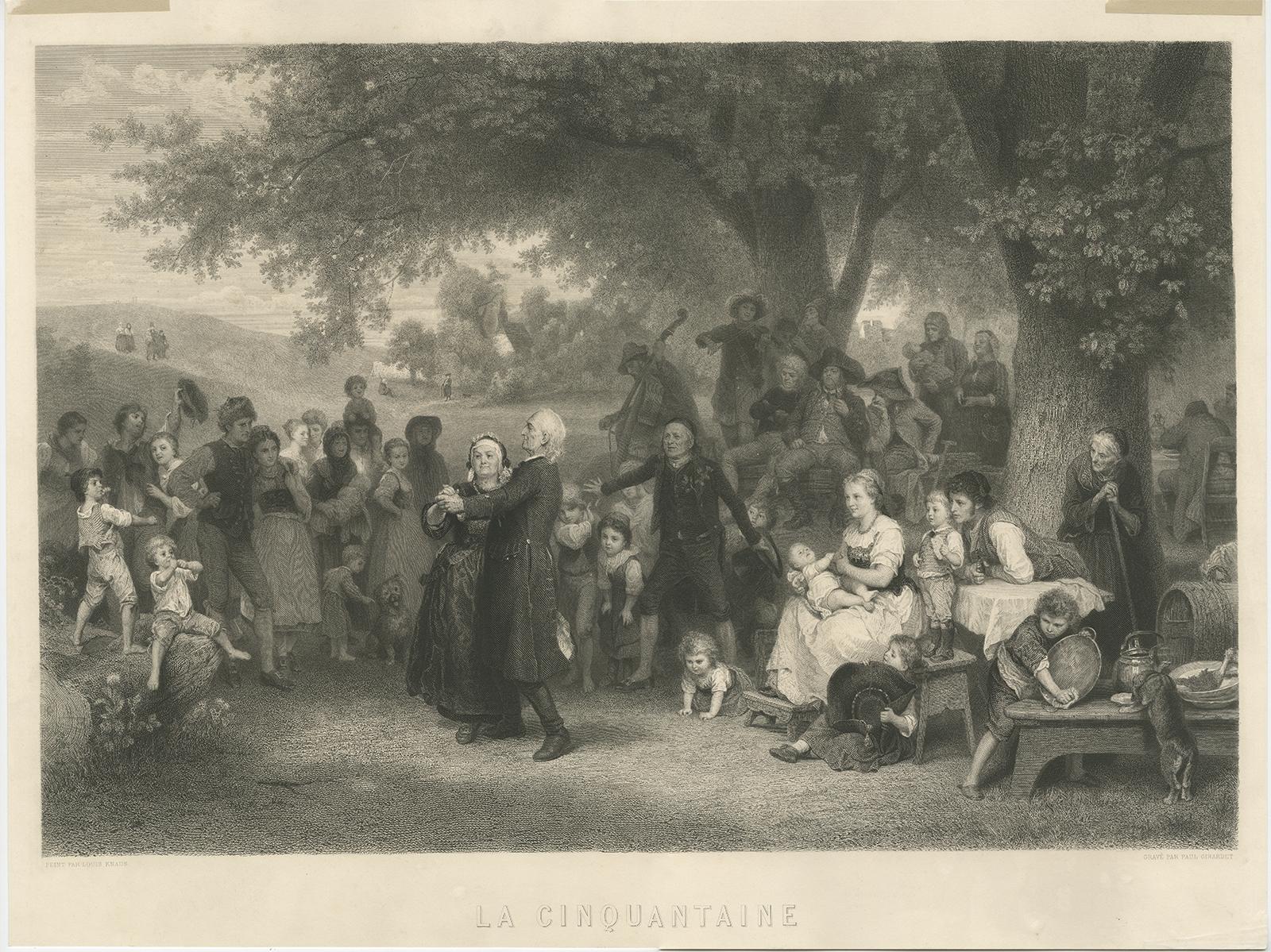 Antique print titled 'La Cinquantaine'. 

This print shows an elderly couple, celebrating their fiftieth wedding anniversary, dancing under a tree in a landscape surrounded by their family and friends. 

Artists and engravers: Engraved by Paul