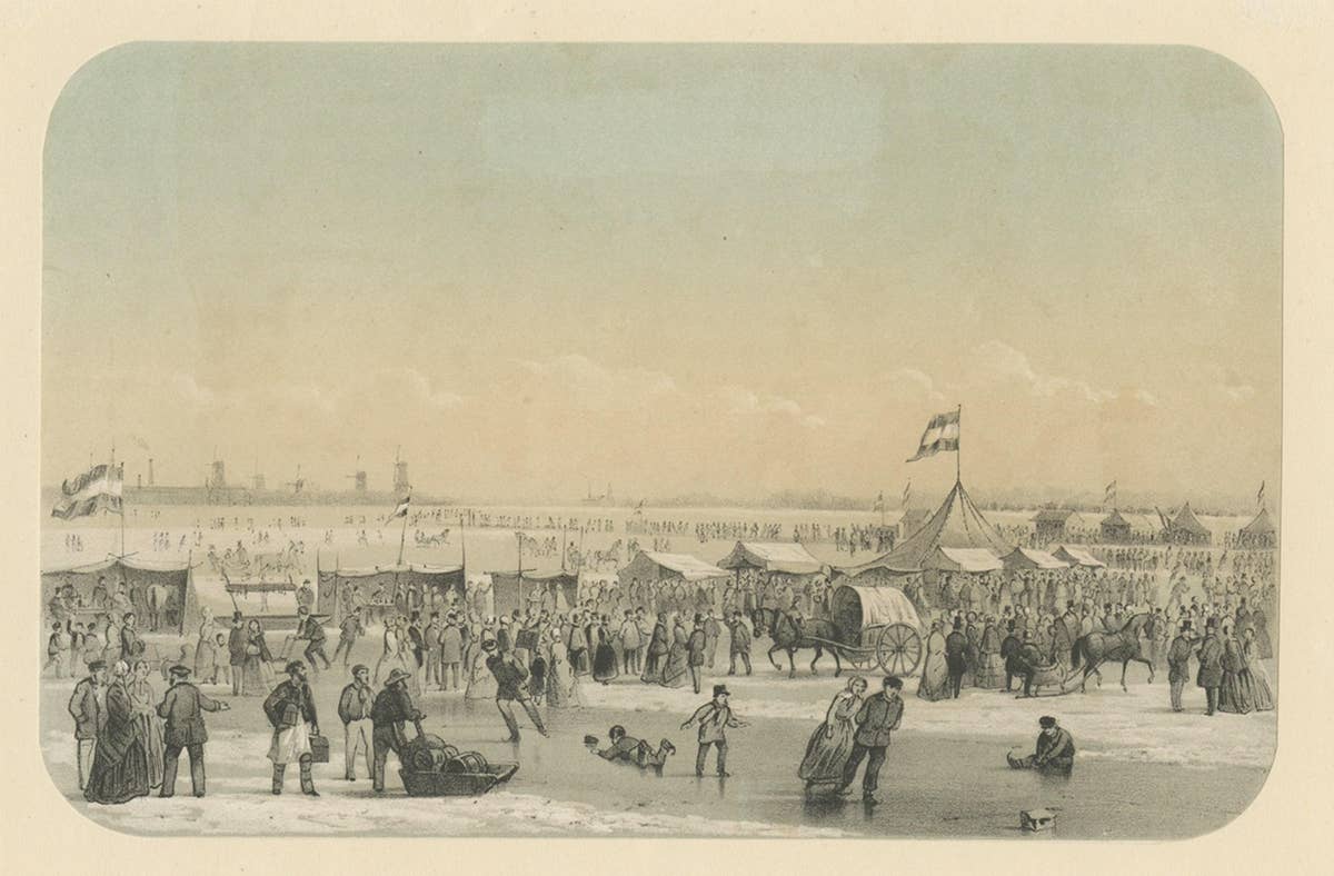 Print of An Ice Skating Scene on the River Maas, Rotterdam, Netherlands, 1855