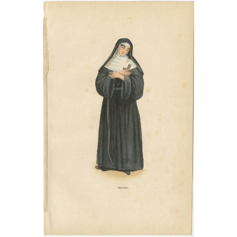 Antique print titled 'Ursuline'. Print of an Ursuline Sister. This print originates from 'Histoire et Costumes des Ordres Religieux'.

Artists and Engravers: Author: Abbé Tiron. 

Condition: Good, general age-related toning. Minor wear and