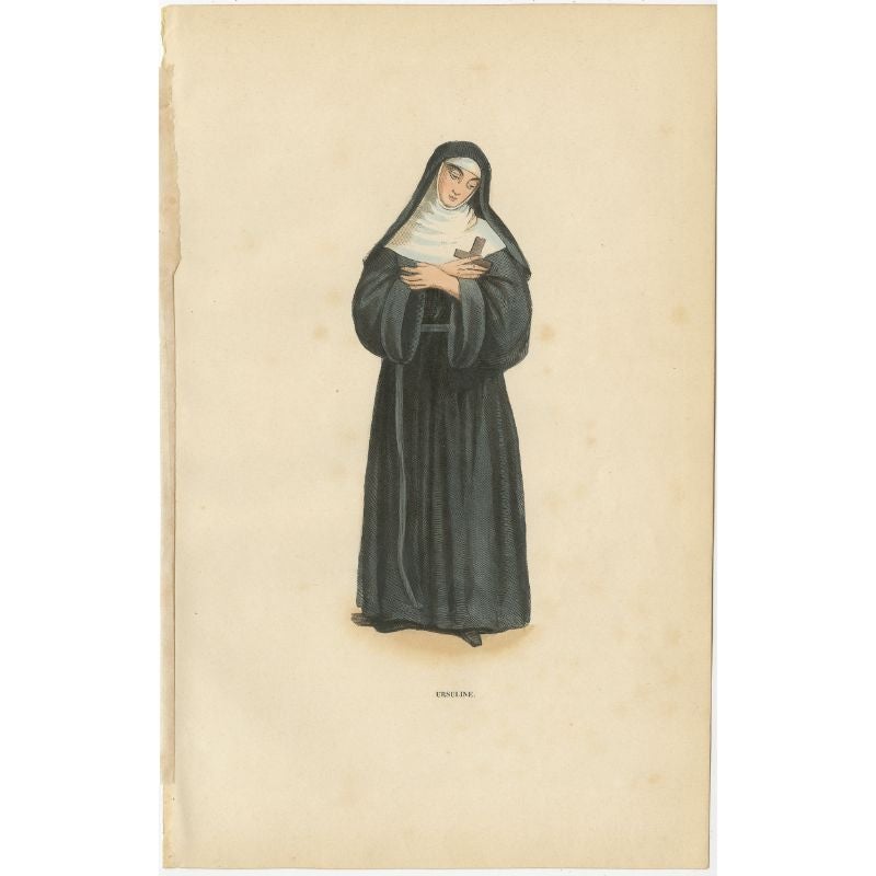 Grabado antiguo titulado 'Ursuline'. Estampa de una Hermana Ursulina. Este grabado procede de 