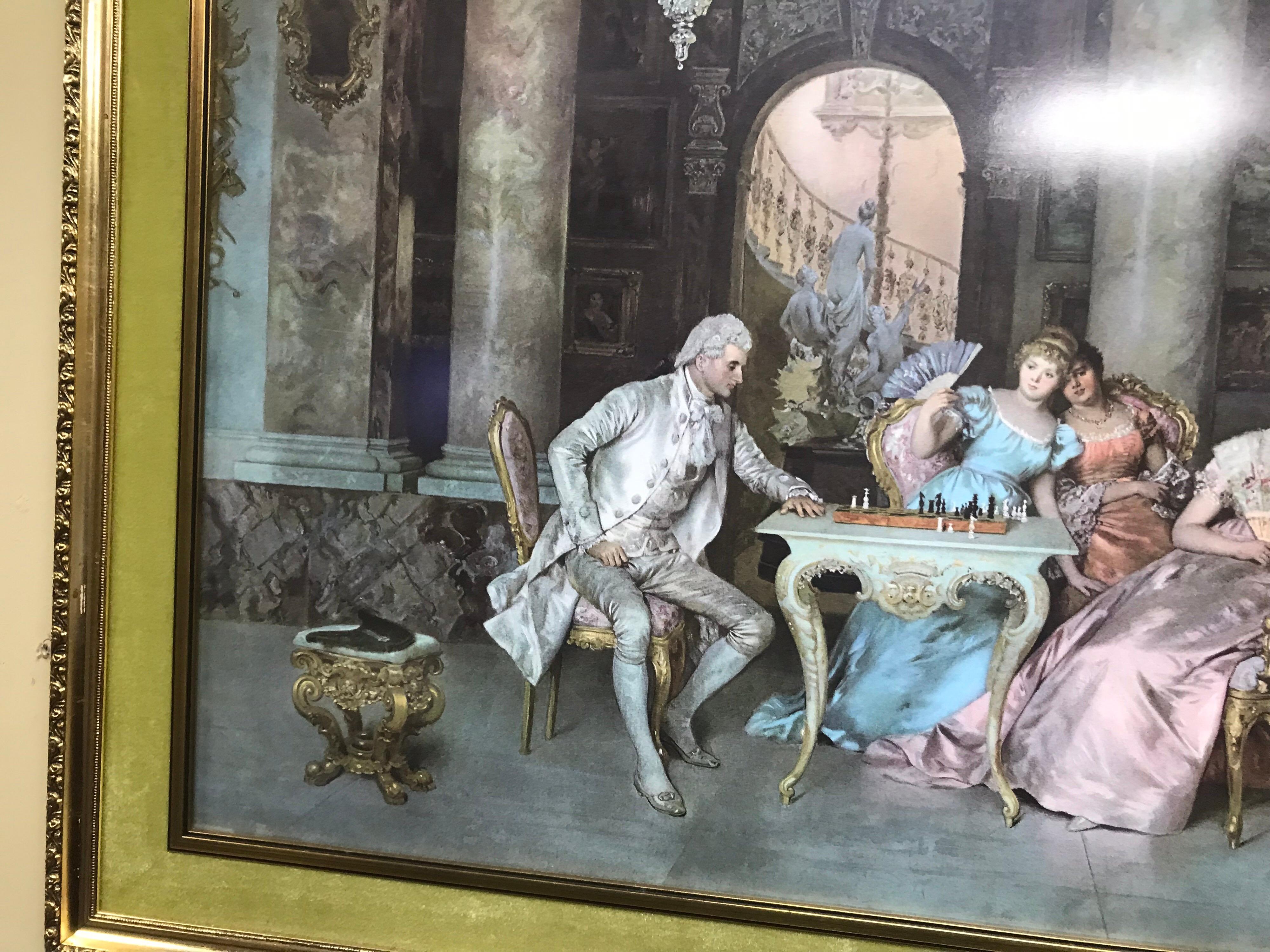 Velvet Print of Aristocratic Drawing Room Scene Set in Gilt Frame For Sale
