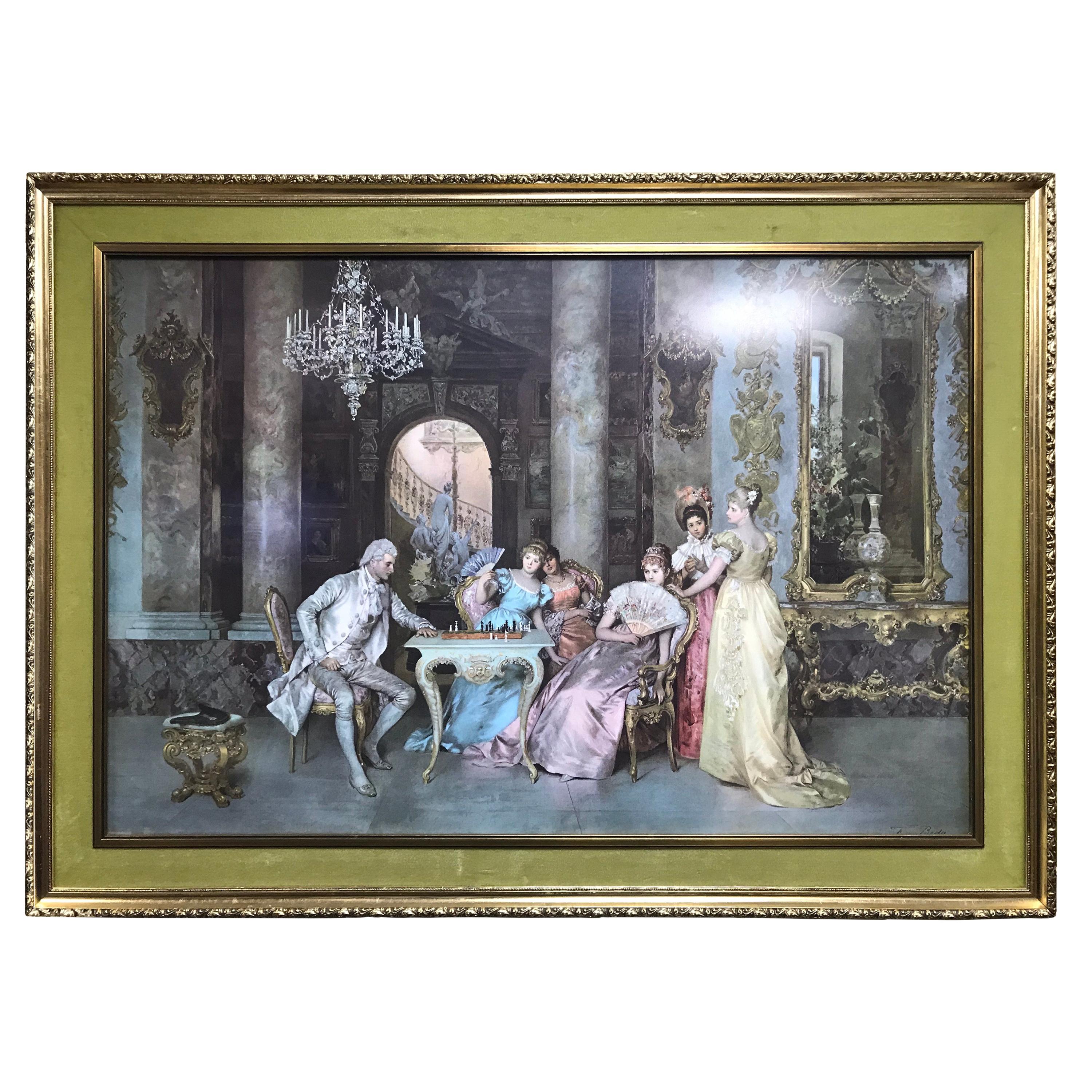 Print of Aristocratic Drawing Room Scene Set in Gilt Frame For Sale