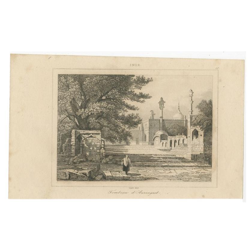 Antique print titled 'Tombeau d'Aurengzeb'. Steel engraving of Aurengzeb's tomb in Khuldabad, India. Source unnkown, to be determined.

Artists and Engravers: Anonymous.

Condition: Good, general age-related toning. Minor wear, blank verso.