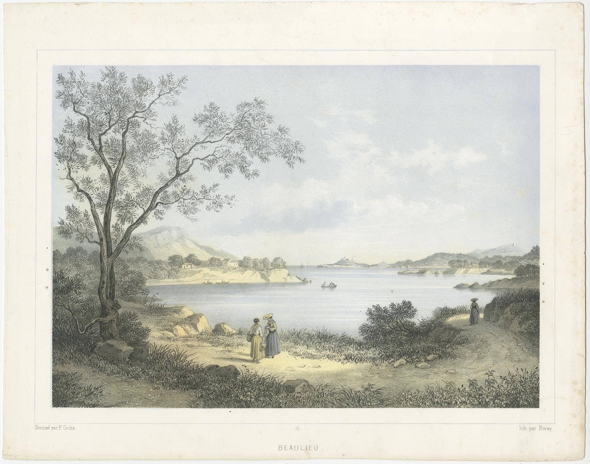 Description: Antique print titled 'Beaulieu'. 

View of Beaulieu-sur-Mer, a seaside village on the French Riviera between Nice and Monaco, France. Source unknown, to be determined.

Artists and Engravers: Engraved by Deroy after F. Cockx.