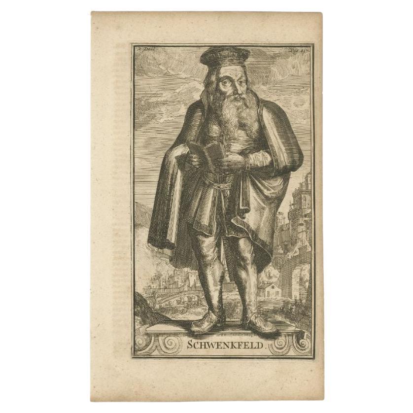 Antique portrait titled 'Schwenkfeld'. Portrait of Caspar Schwenkfeld. Schwenkfeld was a German theologian, writer, and preacher who became a Protestant Reformer and spiritualist. He was one of the earliest promoters of the Protestant Reformation in