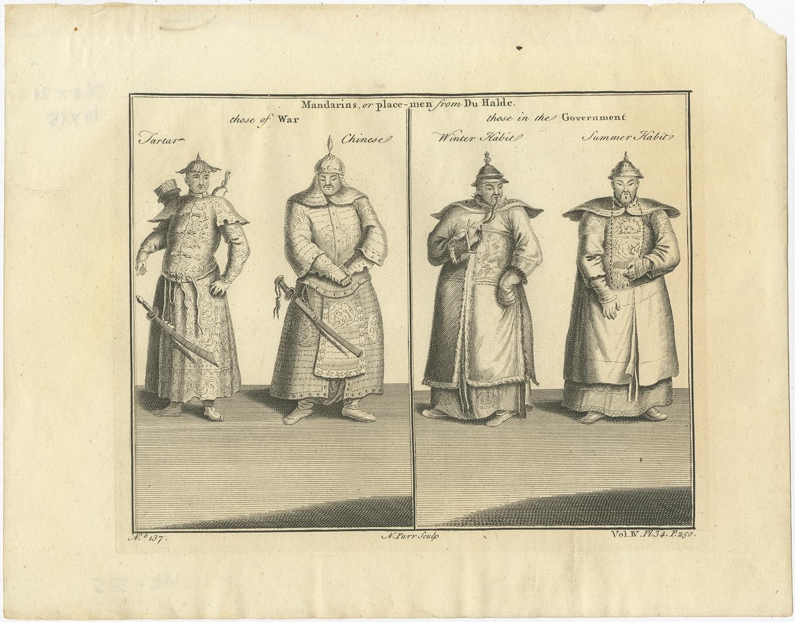 Antique print titled 'Mandarins, or place-men from Du Halde'. 

Print of Chinese men and their costumes. This print originates from 'A New General Collection of Voyages and Travels' by Thomas Astley. 

Artists and Engravers: Engraved by N. Parr.