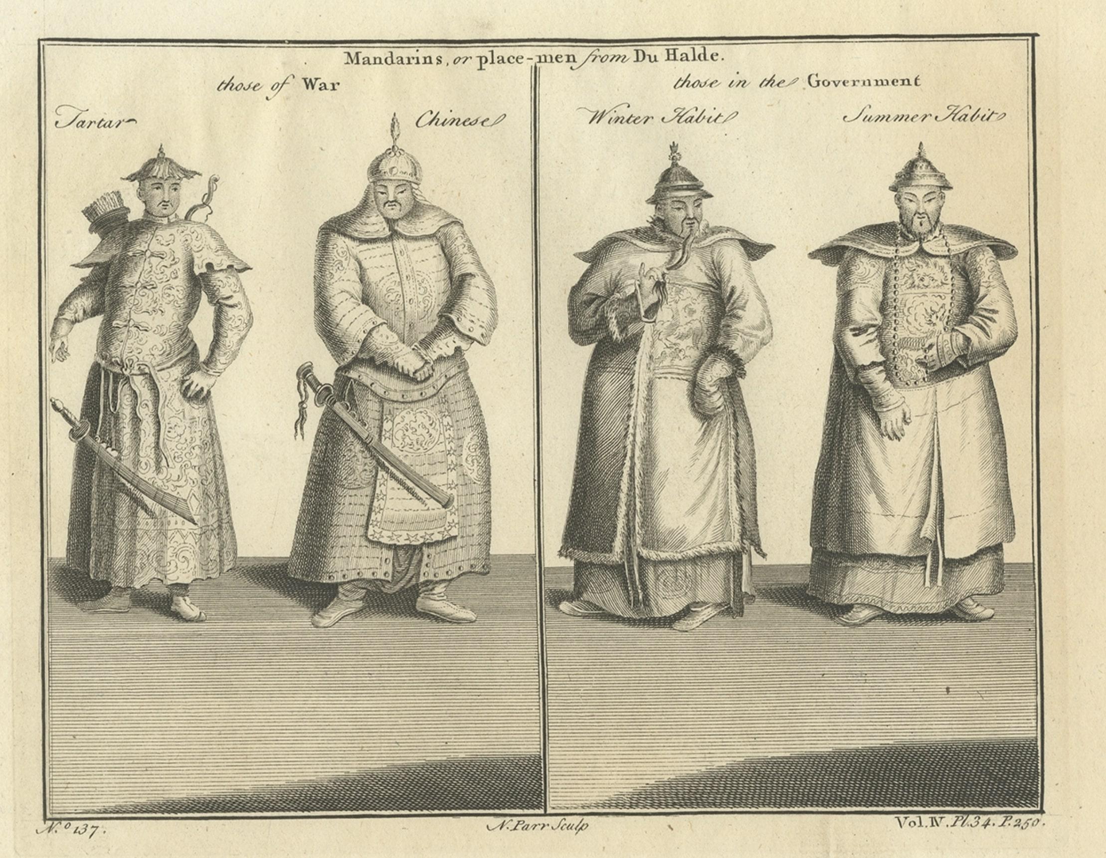 Print of Chinese and Tartar Warriors & Government Officers in Costume, 1746 In Good Condition For Sale In Langweer, NL