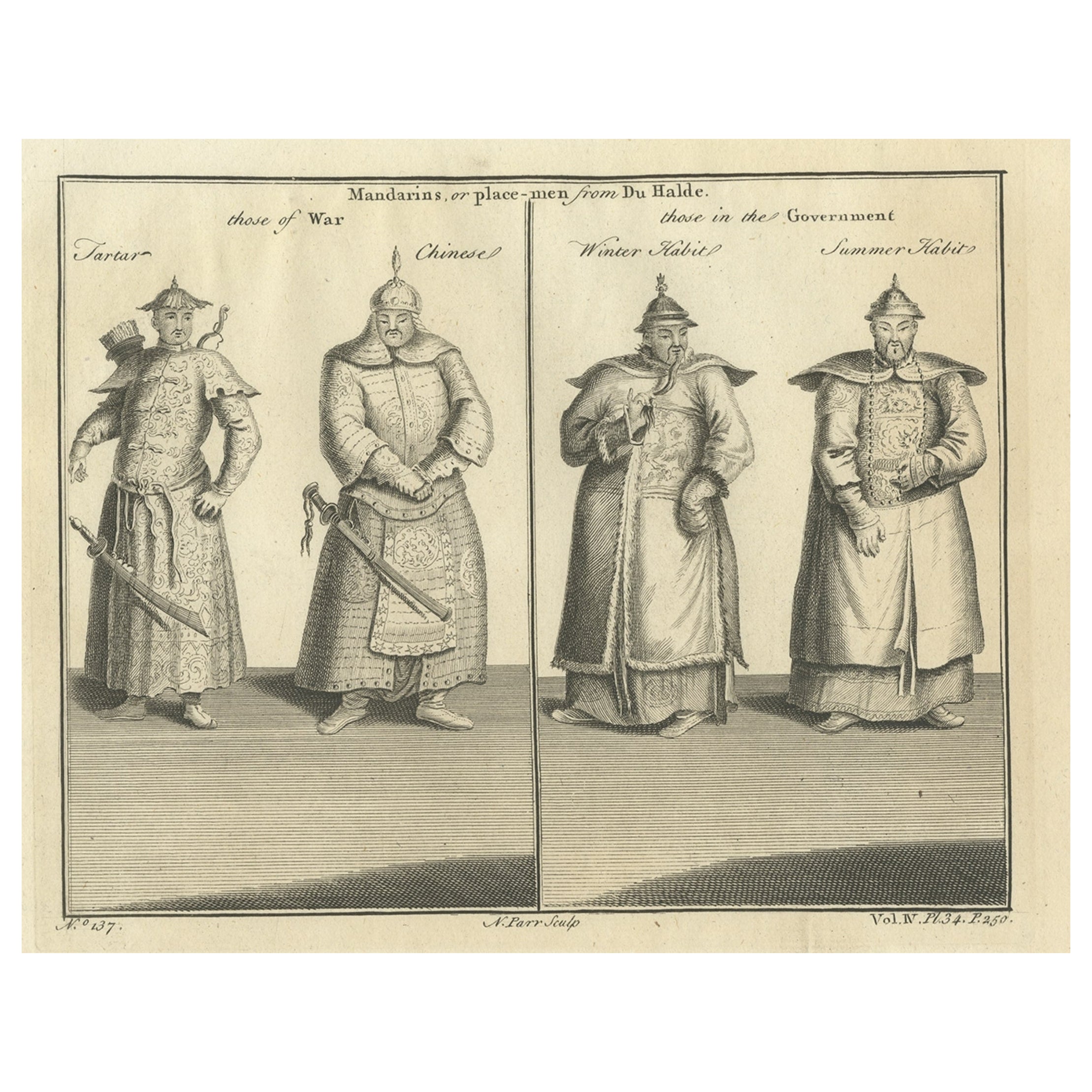 Grabado de guerreros chinos y tártaros y oficiales del gobierno disfrazados, 1746