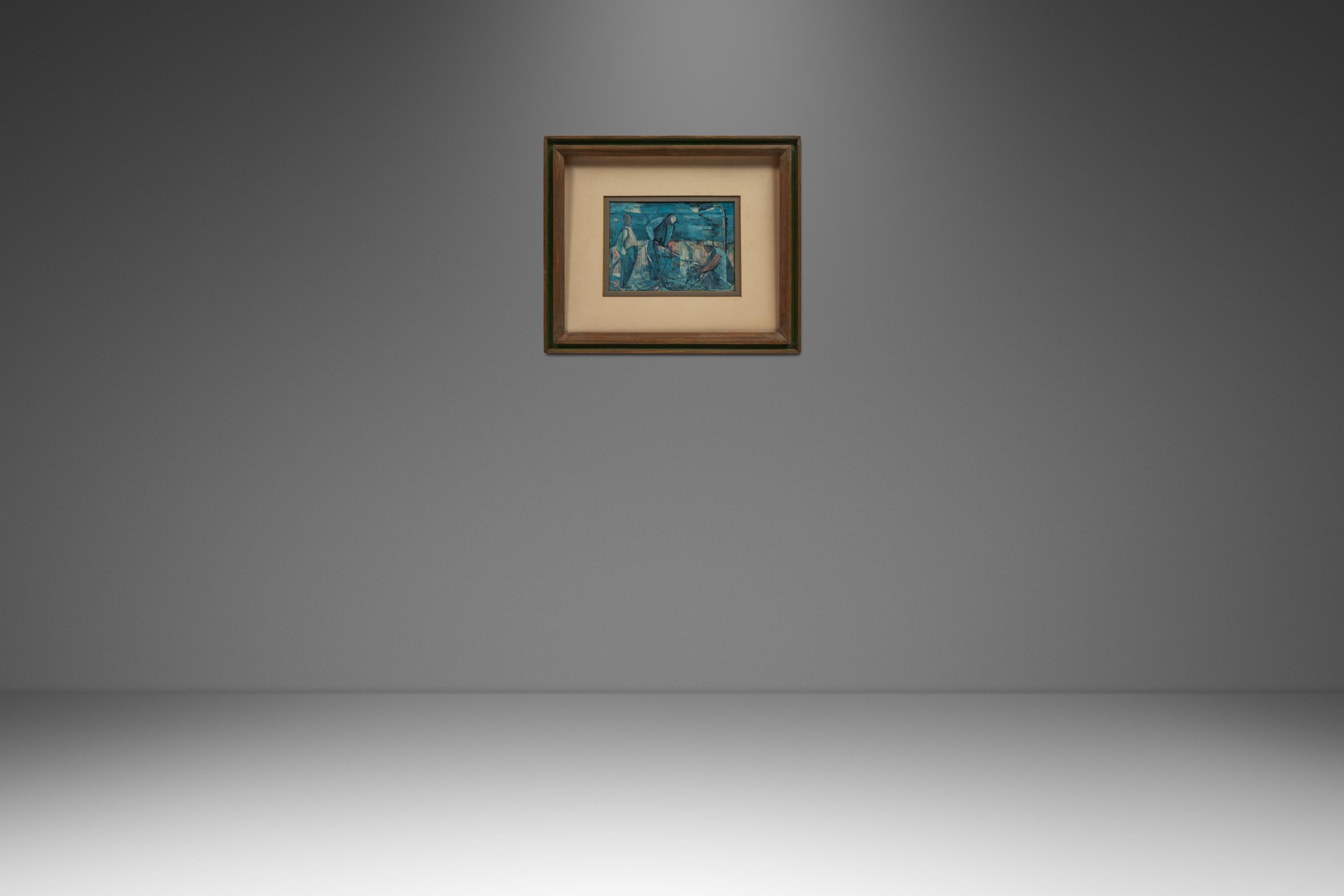 This evocative mid-century print of Fisherman by Israeli artist Margot Lange Ascheim, originally an oil on canvas, captures the raw essence of human labor through a modernist lens. Produced in West Germany in the 1960s and distributed by Harvey