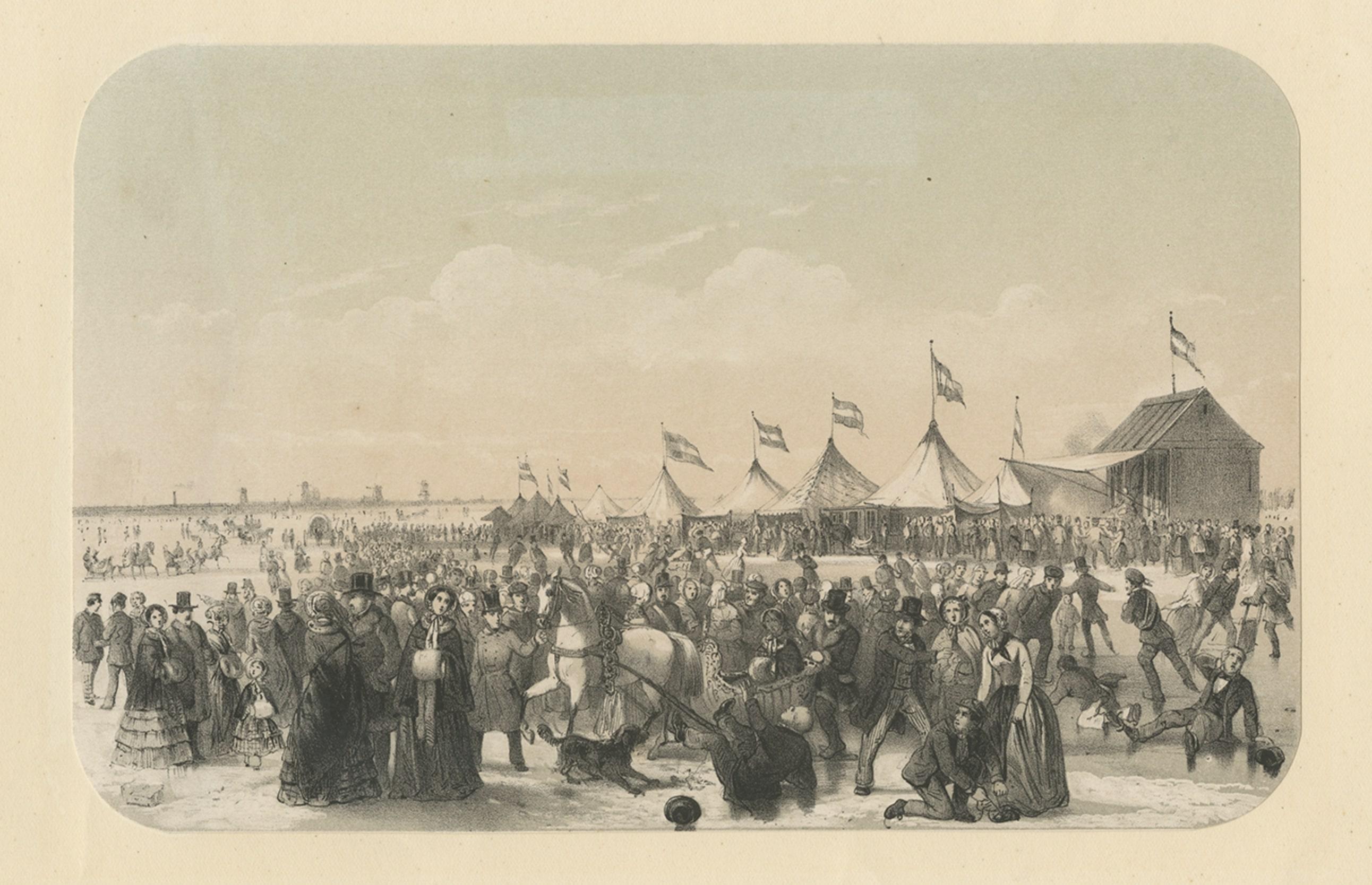 Print of Ice Skating Scene on the River Maas in Rotterdam, the Netherlands, 1855 In Good Condition For Sale In Langweer, NL