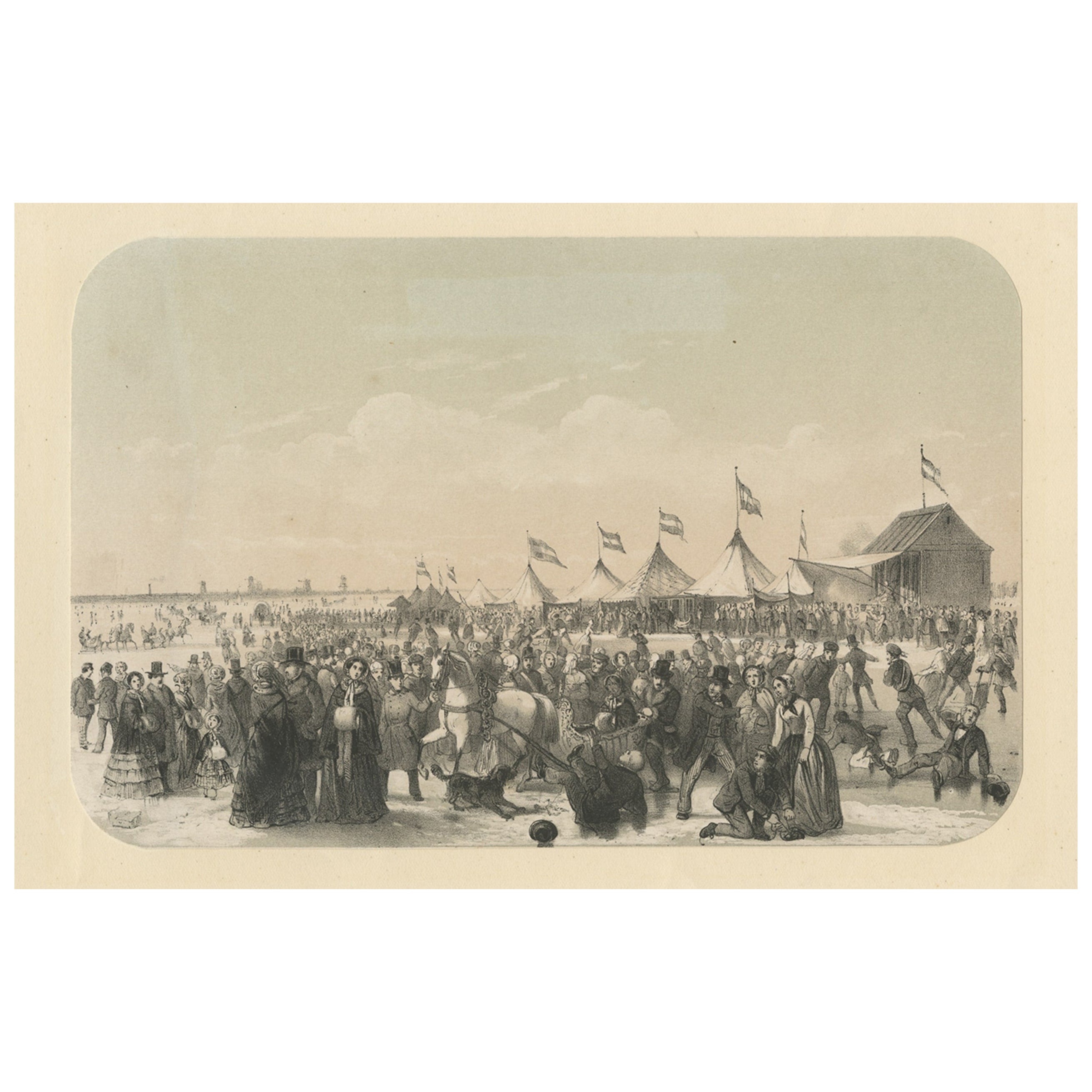 Druck einer Eisschlaufenszene auf dem Fluss Maas in Rotterdam, Niederlande, 1855 im Angebot