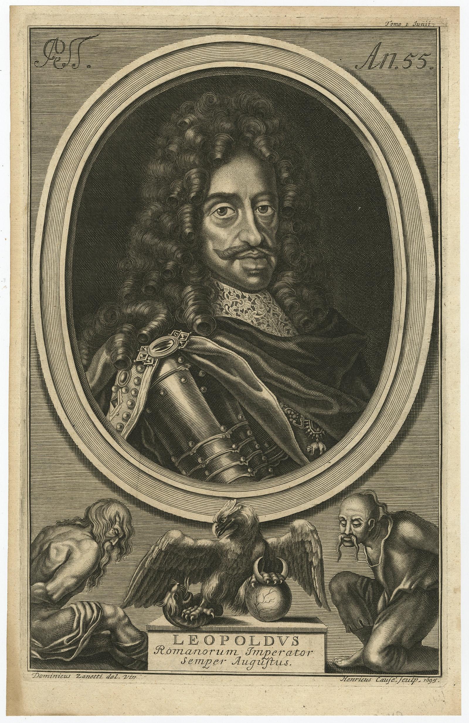 Antique print, titled: 'Leopoldus Romanorum Imperator Semper Augustus.' 

This original antique plate shows a portrait of Leopold I (9 June 1640 – 5 May 1705), he was Holy Roman Emperor, King of Hungary, Croatia, and Bohemia. Source unknown, to be