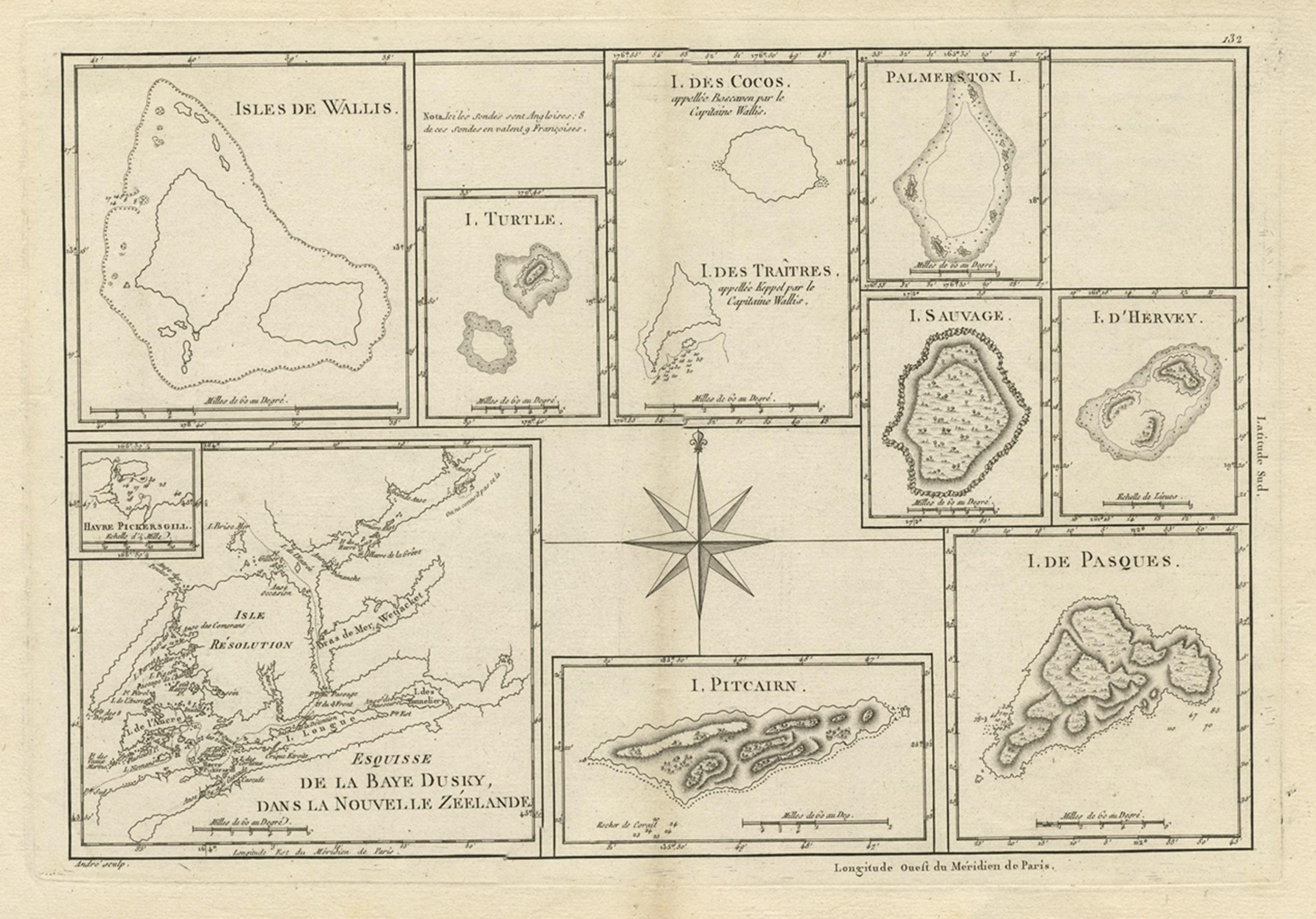 Antique map titled 'Esquisse de la Bay Dusky, Dans La Nouvelle Zeelande / I. Pitcairn / Isles de Wallis / I Turtle / I des Cocos and Traitres / Palmerston I. / I. Suavage / I. D'Hervey/ Havre Pickersgill / I de Pasques.' 

Detailed set of maps of