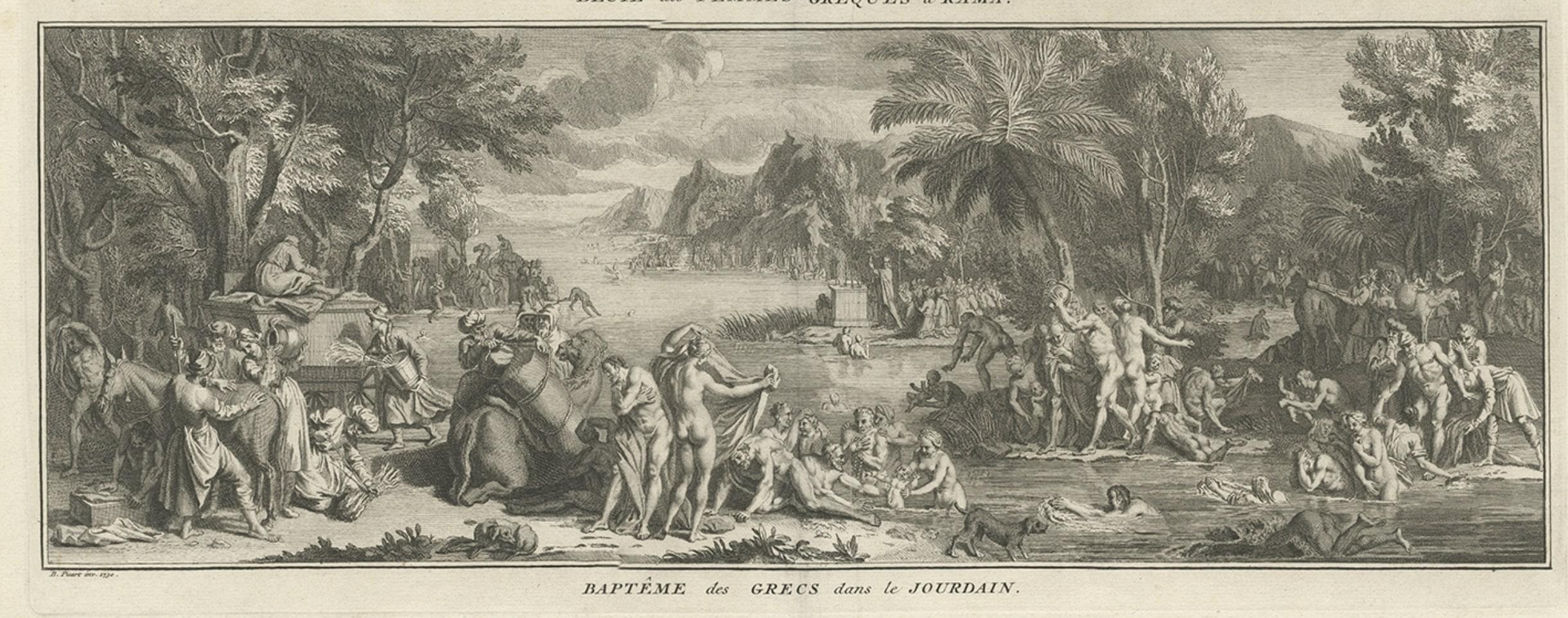 Print of Mourning of Greek Widows in Rama and Baptism in The River Jordan, 1730 In Good Condition For Sale In Langweer, NL