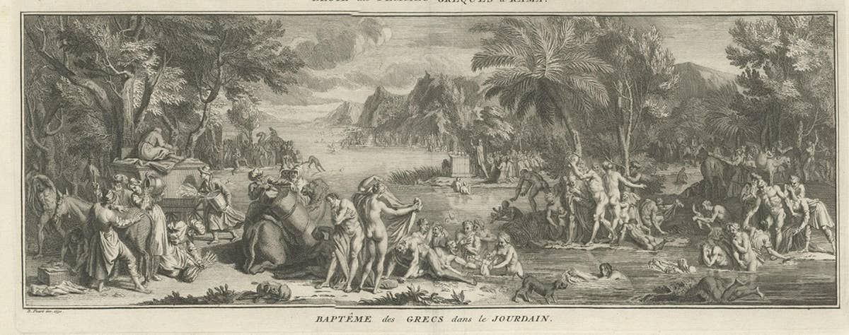 Print of Mourning of Greek Widows in Rama and Baptism in The River Jordan, 1730