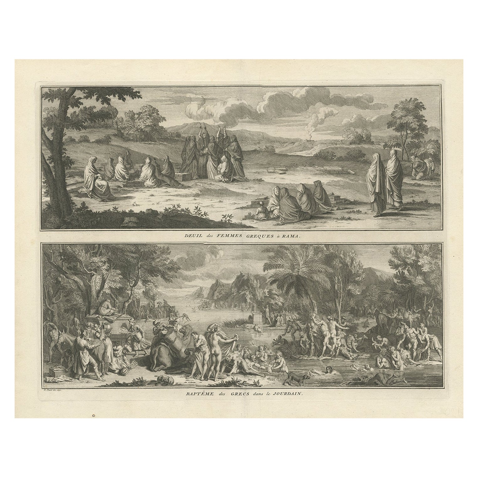 Stampa del lutto delle vedove greche a Rama e del battesimo nel fiume Giordano, 1730 in vendita