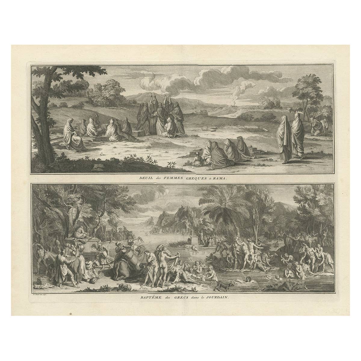 Print of Mourning of Greek Widows in Rama and Baptism in The River Jordan, 1730