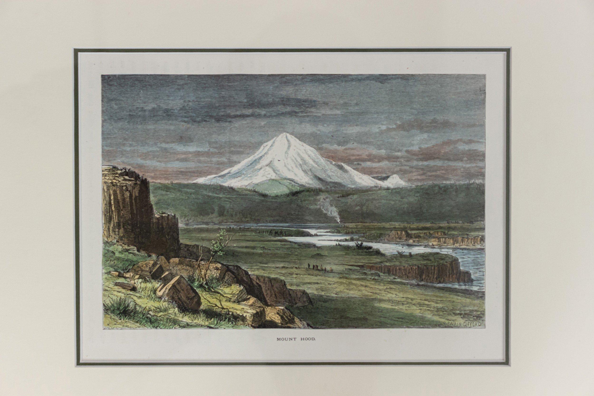 American mid-century color etching of a green rocky landscape by a river with a prominent white mountain in the background titled: 