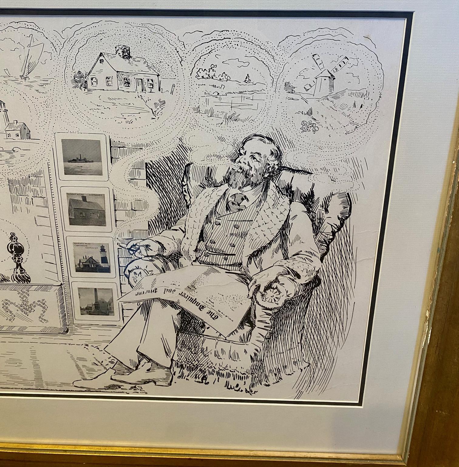 Antique Print of Nantucket Daydreams, by Henry S. Wyer, Nantucket, circa 1900, a period print depicting a gentleman in overstuffed wing chair by the hearth, a copy of Nantucket's 