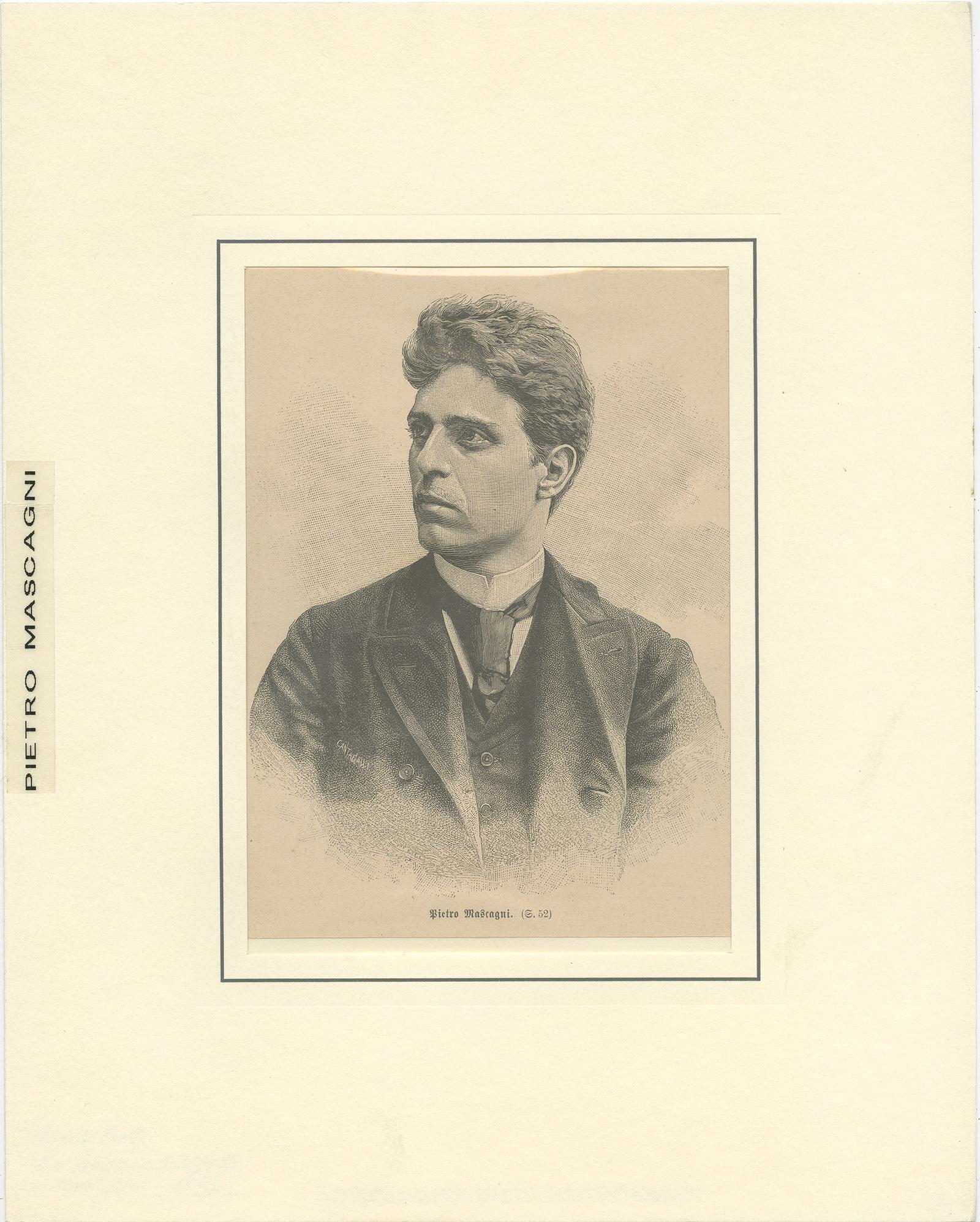 Antique print titled 'Pietro Mascagni'. 

Portrait of Pietro Mascagni. Pietro Mascagni (7 December 1863 – 2 August 1945) was an Italian composer primarily known for his operas.

Artists and Engravers: Anonymous.
Condition: Good, age-related