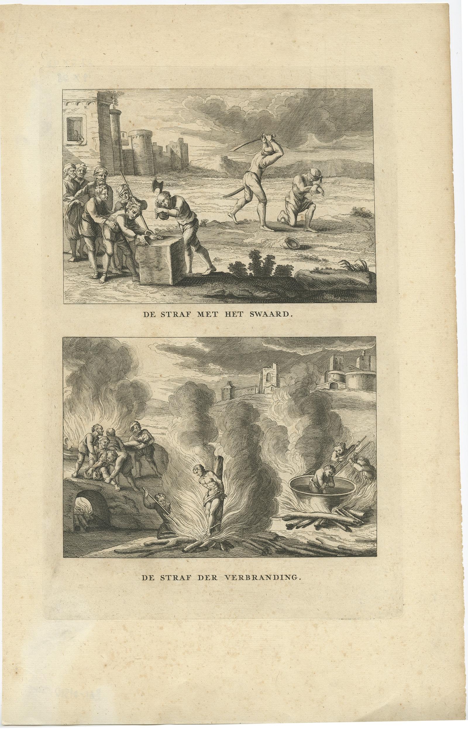 Two religious images on one sheet titled 'De straf met het Zwaard' and 'De Straf der Verbranding'. Punishment with the sword and fire. This print depicts religious punishments and originates from 'Byvoegzel tot het Algemeen Groot Historisch,