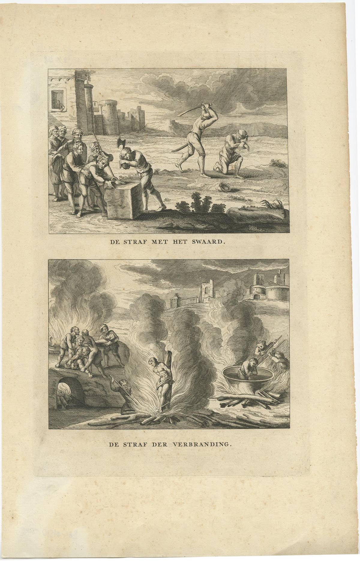 Print of Religious Punishments with the Sword and Fire, Incl Decapitating, 1731