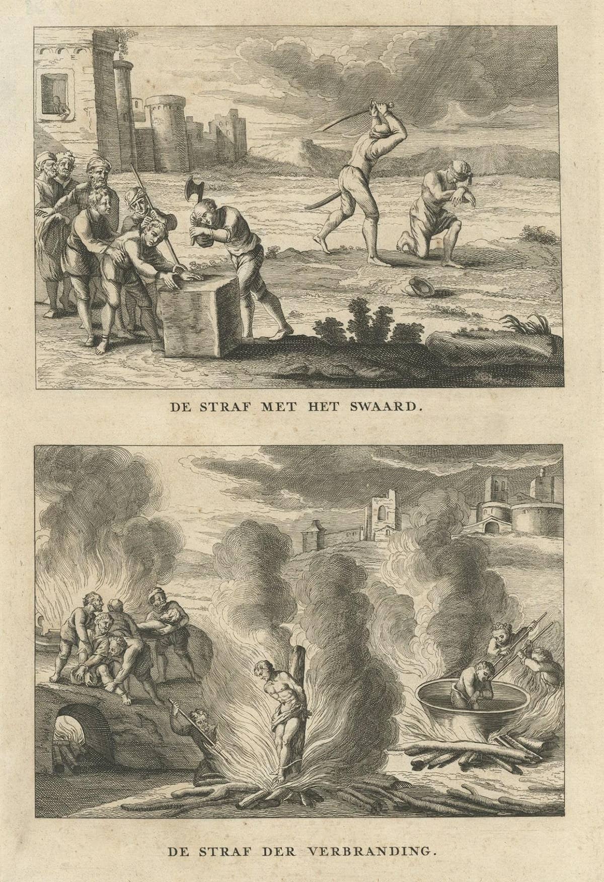 Print of Religious Punishments with the Sword and Fire, Incl Decapitating, 1731