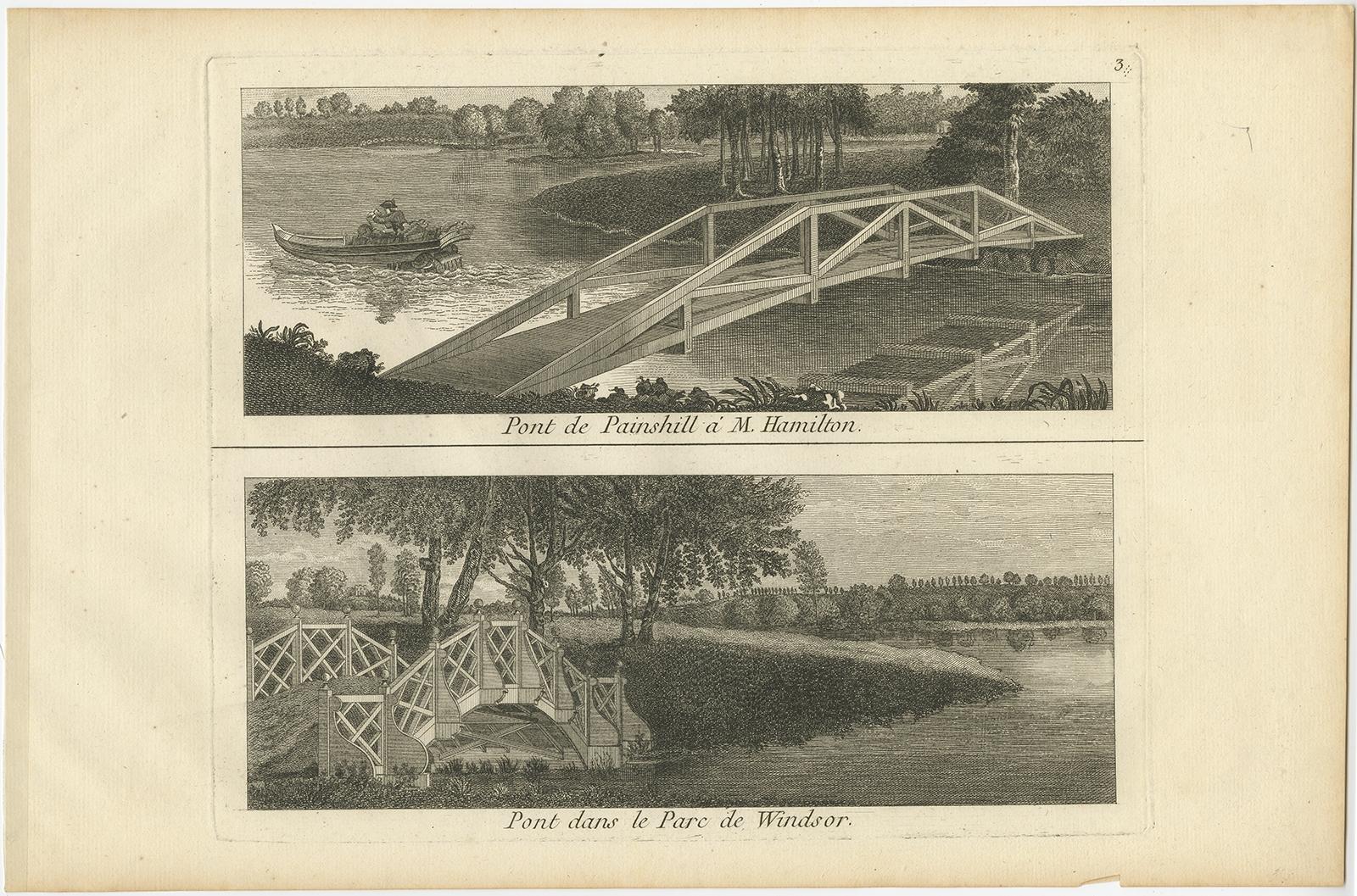 Antique print titled 'Pont de Painshill á M. Hamilton (..)'. 

Copper engraving of the bridge of Painshill and Windsor Park. This print originates from 'Jardins Anglo-Chinois à la Mode' by Georg Louis le Rouge. Artists and Engravers: The work of