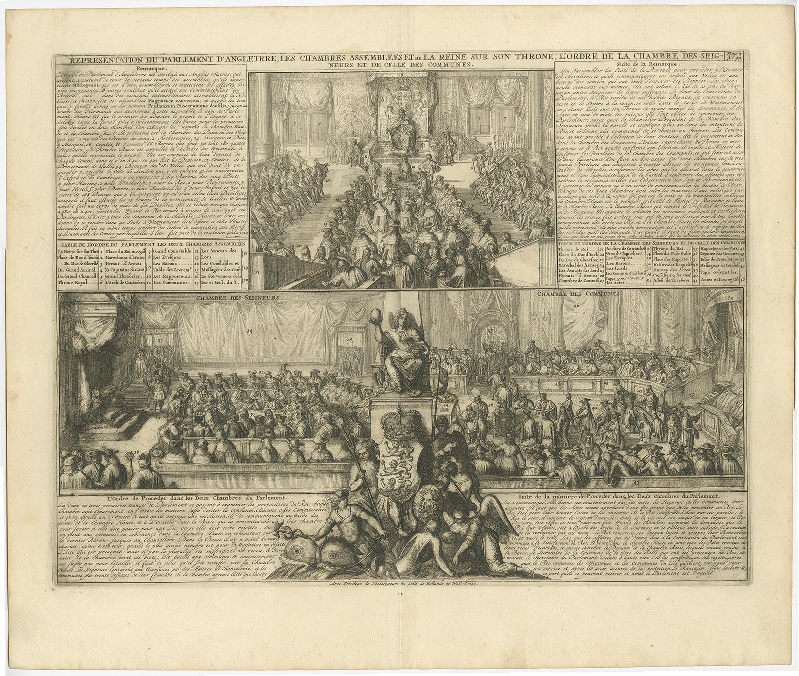 Antique print titled 'Representation du Parlement d'Angletrre (..)'. 

Series of scenes, which include from the British Parliament and an assembly before the King of England. This print orginates from 'Atlas Historique'. 

Artists and Engravers: