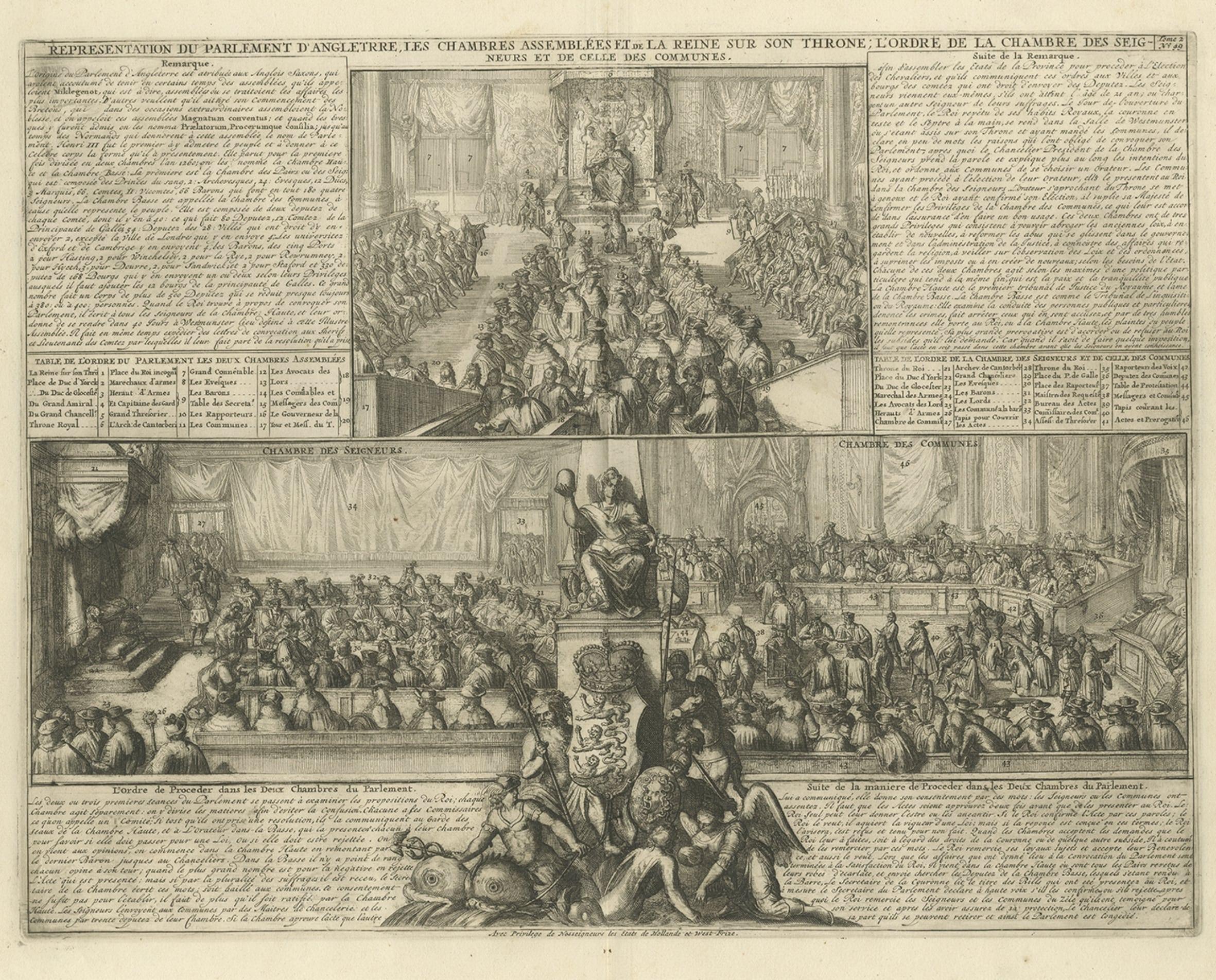 Print of the British Parliament & an Assembly before the King of England, 1732 In Good Condition For Sale In Langweer, NL