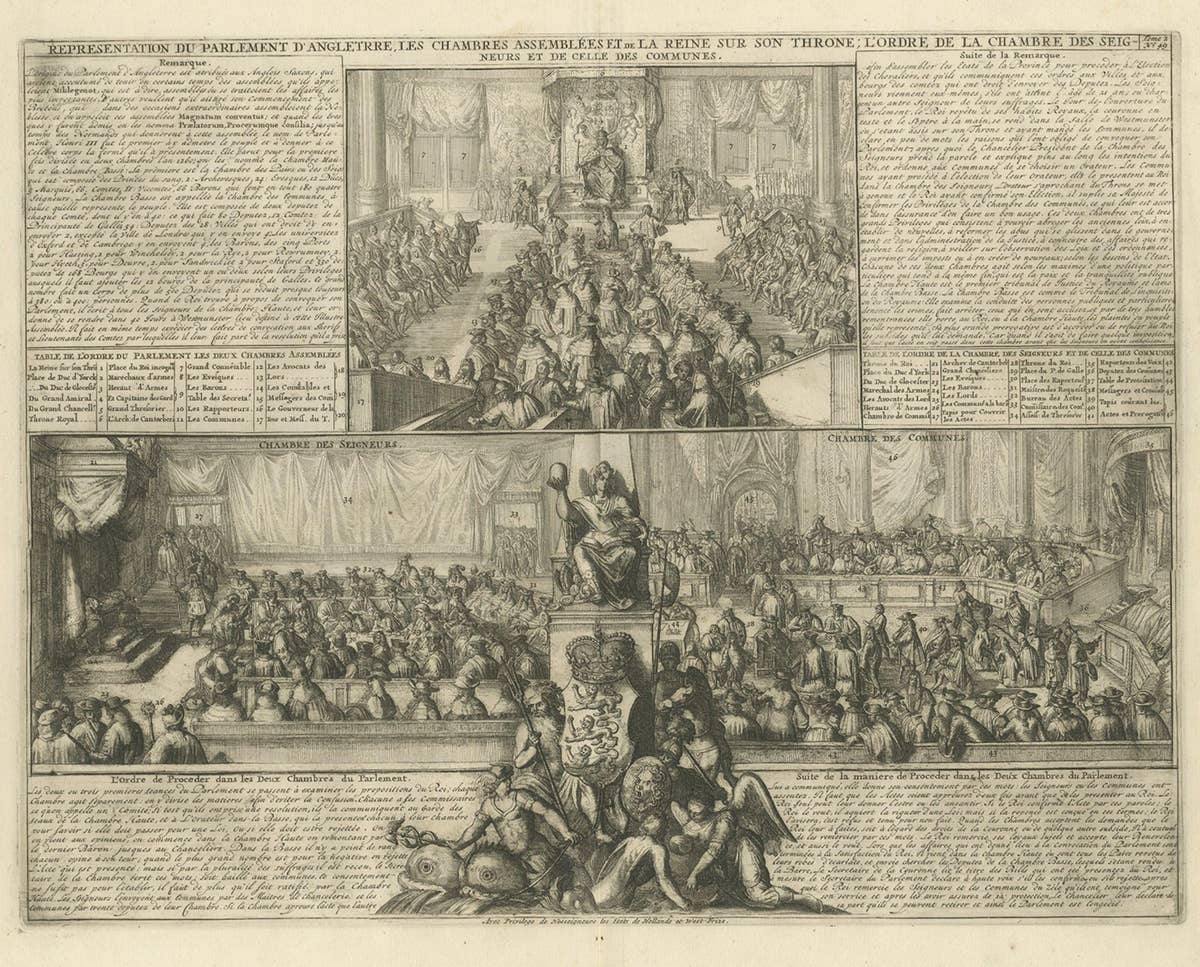 Print of the British Parliament & an Assembly before the King of England, 1732