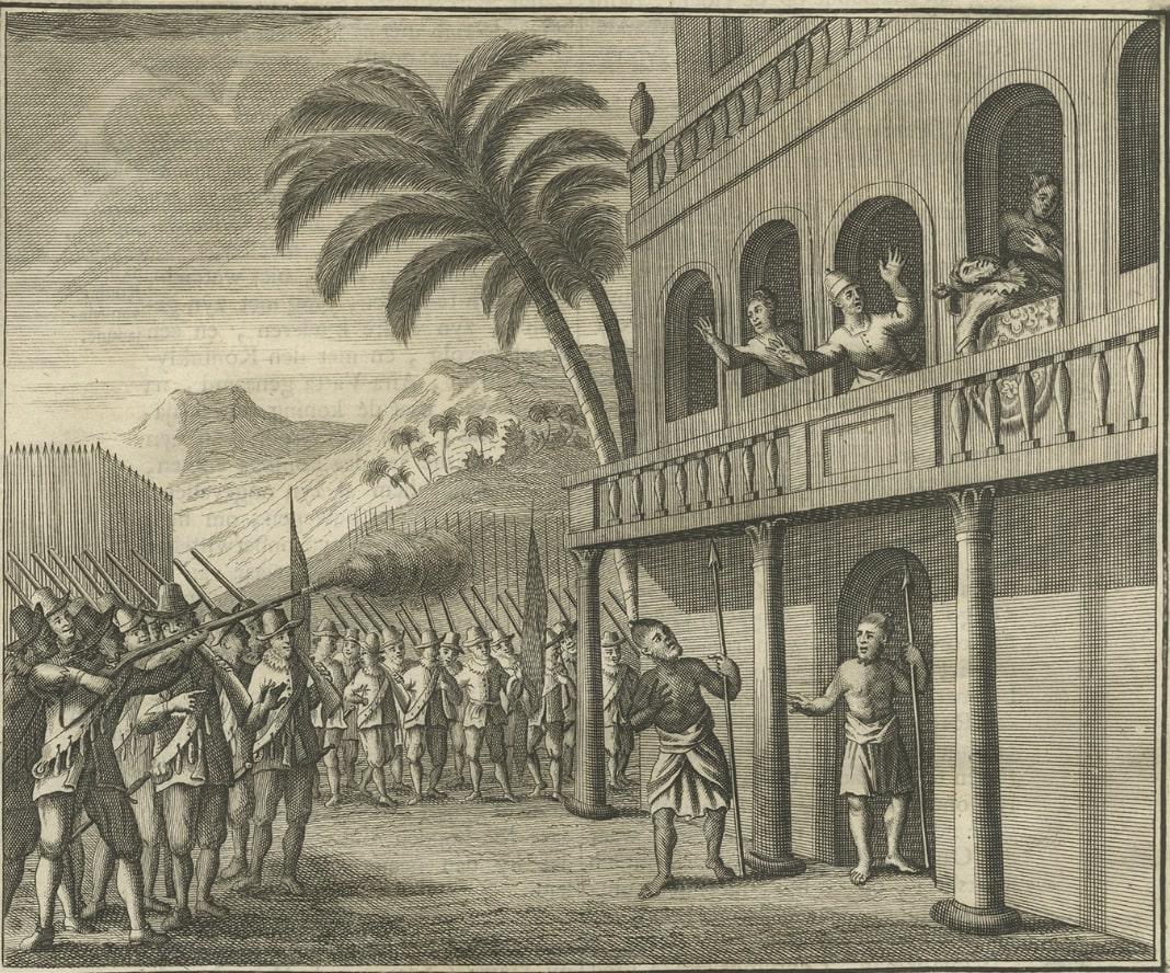Impression de la mort de Bowaneca Bahu Maha Raja, prise par le portugais à Ceylan Bon état - En vente à Langweer, NL