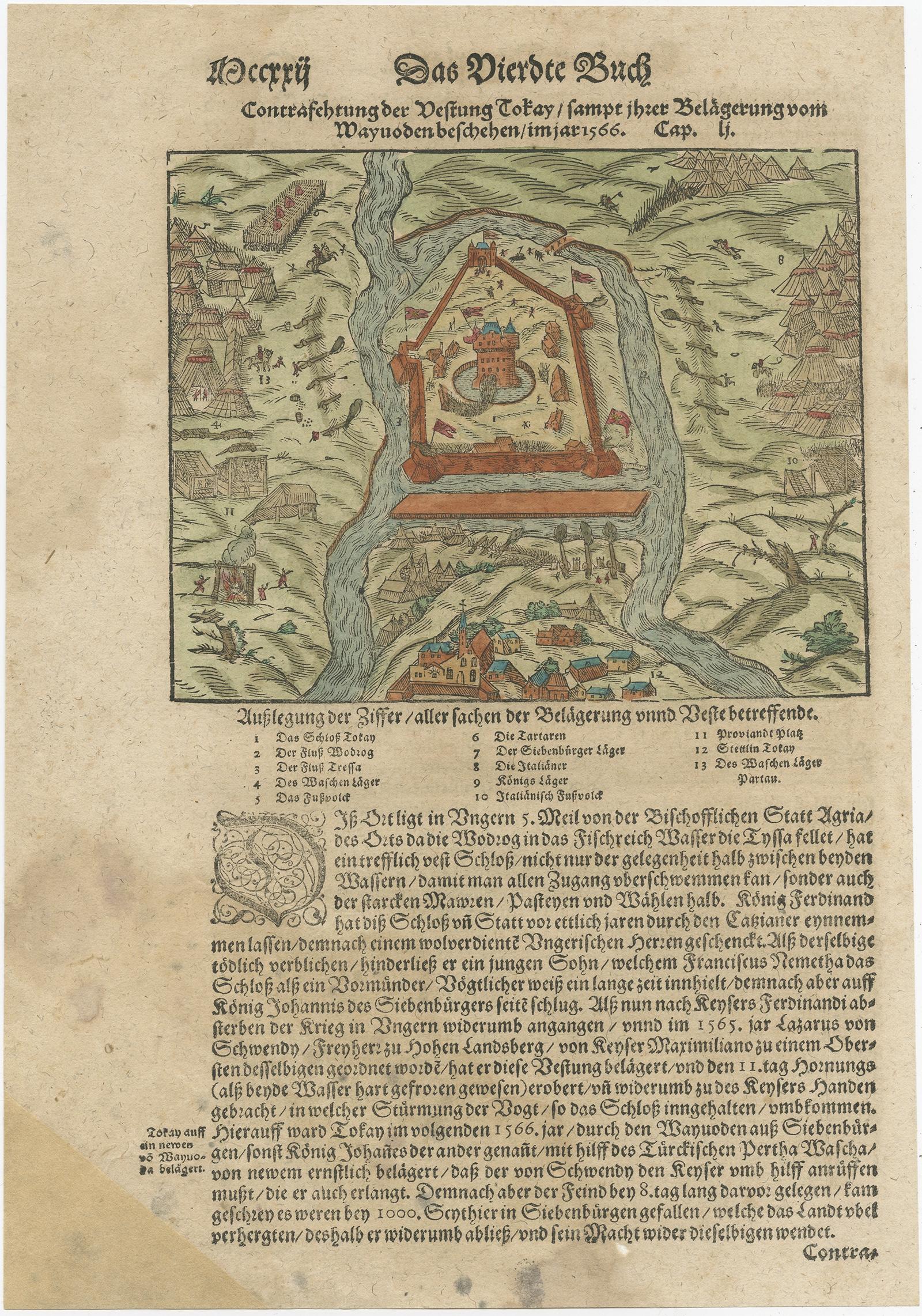 Antiker Druck Ungarn mit dem Titel 'Contrafehtung der Festung Tokay'. 

Blick aus der Vogelperspektive auf die Festung Julaof Tokay in Ungarn, die von türkischen Truppen umstellt ist. Stammt aus einer deutschen Ausgabe von S. Munsters