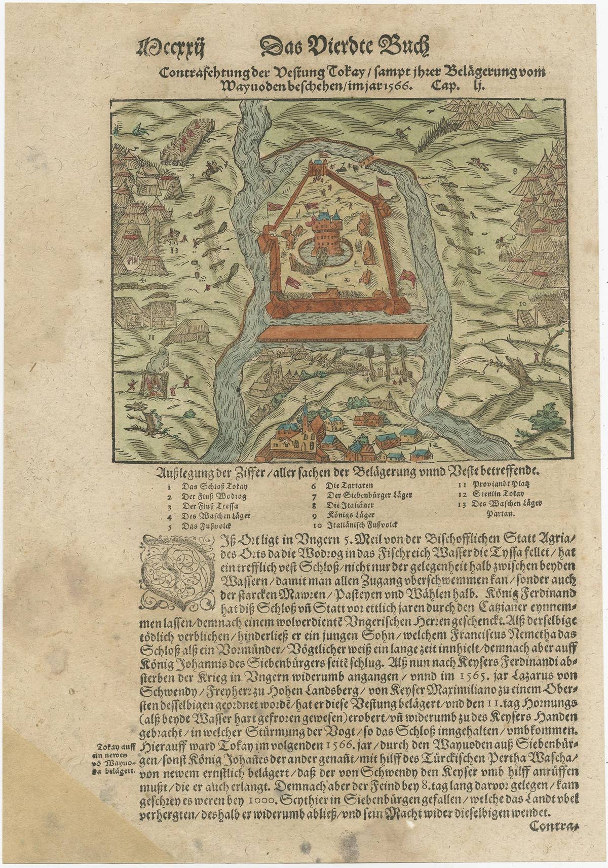 Print of the Fortress Julaof Tokay, Hungary, Surrounded by Turkish Troops, c1580