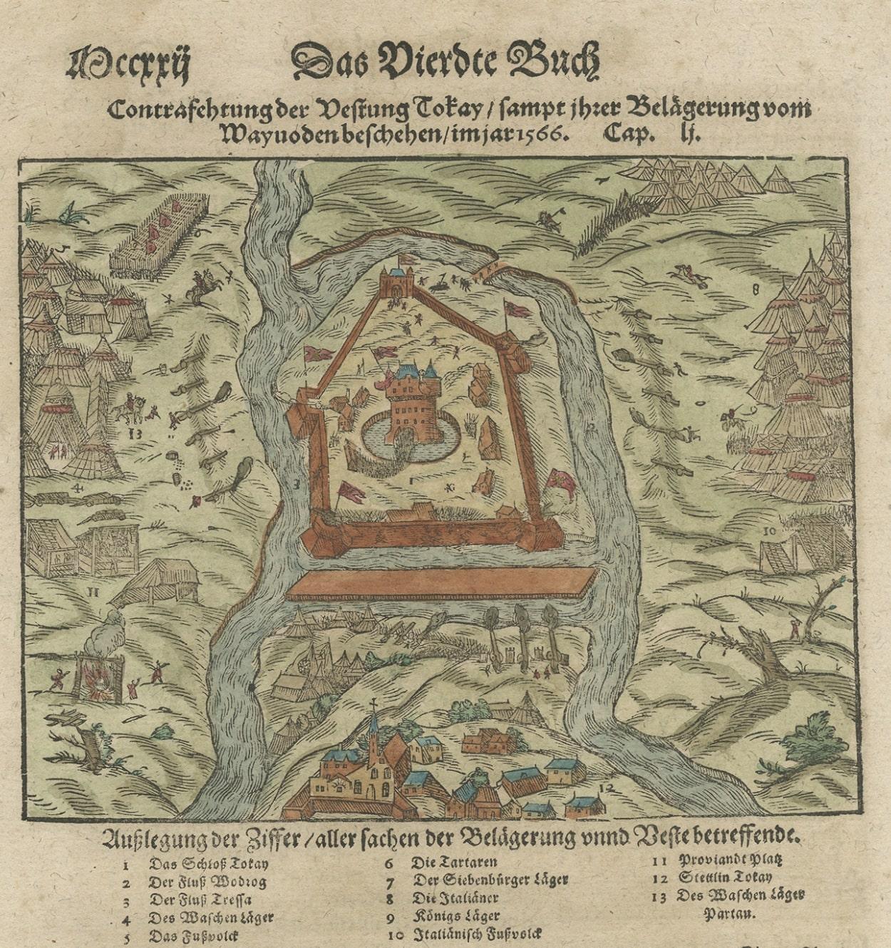 Druck der Festung Julaof Tokay, Ungarn, umgeben von türkischen Truppen, um 1580 im Zustand „Relativ gut“ im Angebot in Langweer, NL