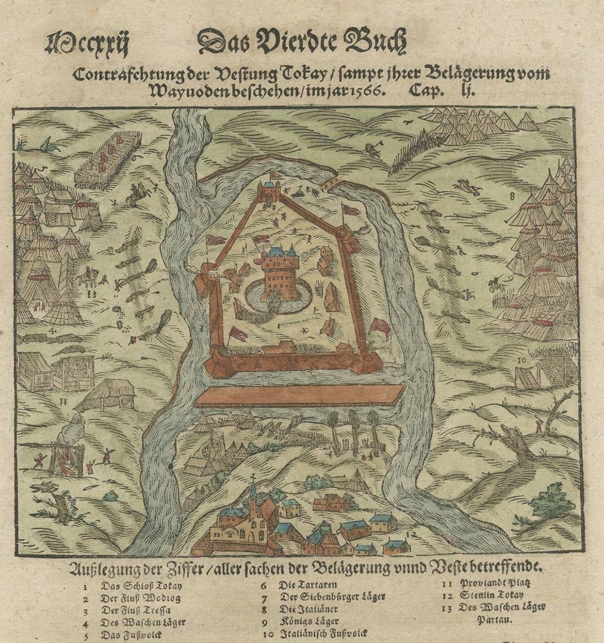 Print of the Fortress Julaof Tokay, Hungary, Surrounded by Turkish Troops, c1580