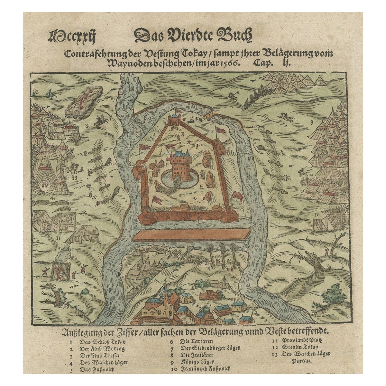 Druck der Festung Julaof Tokay, Ungarn, umgeben von türkischen Truppen, um 1580 im Angebot
