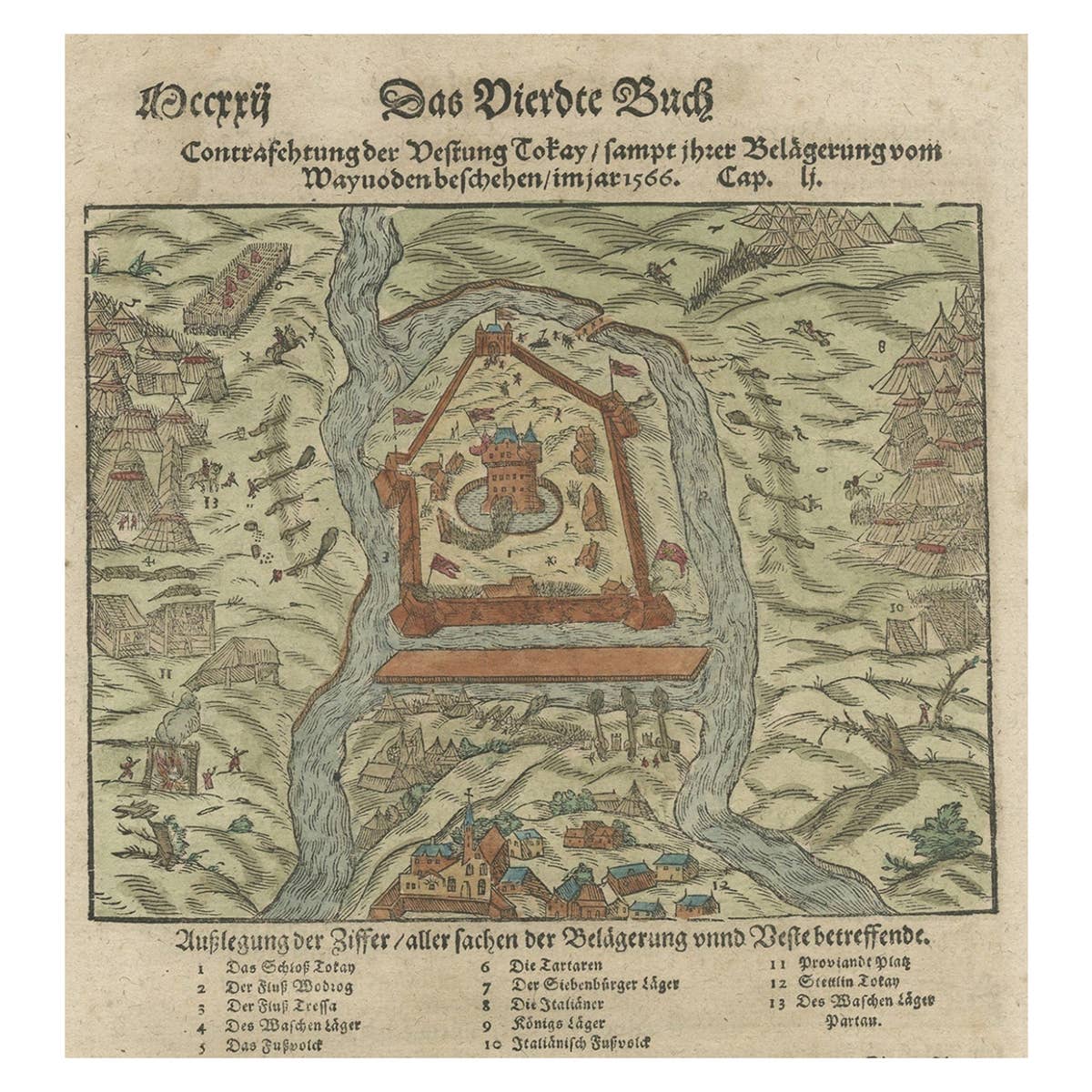 Print of the Fortress Julaof Tokay, Hungary, Surrounded by Turkish Troops, c1580