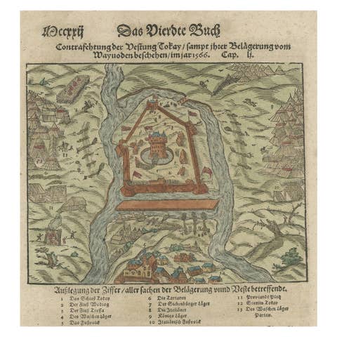 Print of the Fortress Julaof Tokay, Hungary, Surrounded by Turkish Troops, c1580
