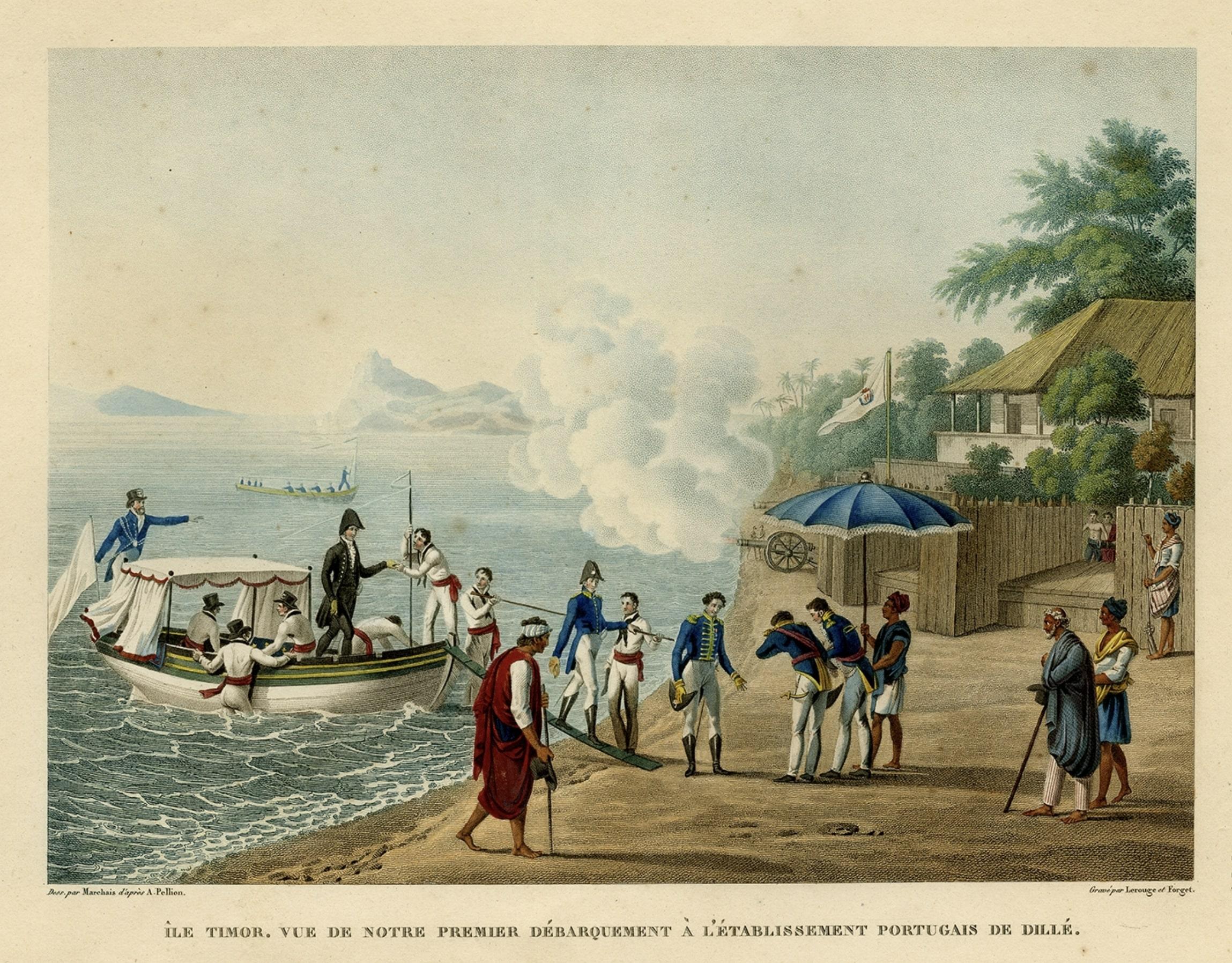 Print of the French Disembark at the Portugese Settlement of Dille, Timor, 1825 In Good Condition For Sale In Langweer, NL