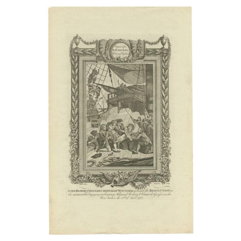 Antique print titled 'Lord Robert Manners Mortally Wounded (..)'. Engraving of the wounded Lord Robert Manners, on board of the Resolution. This print originates from 'A New, Universal and Impartial History of England from the Earliest Authentic