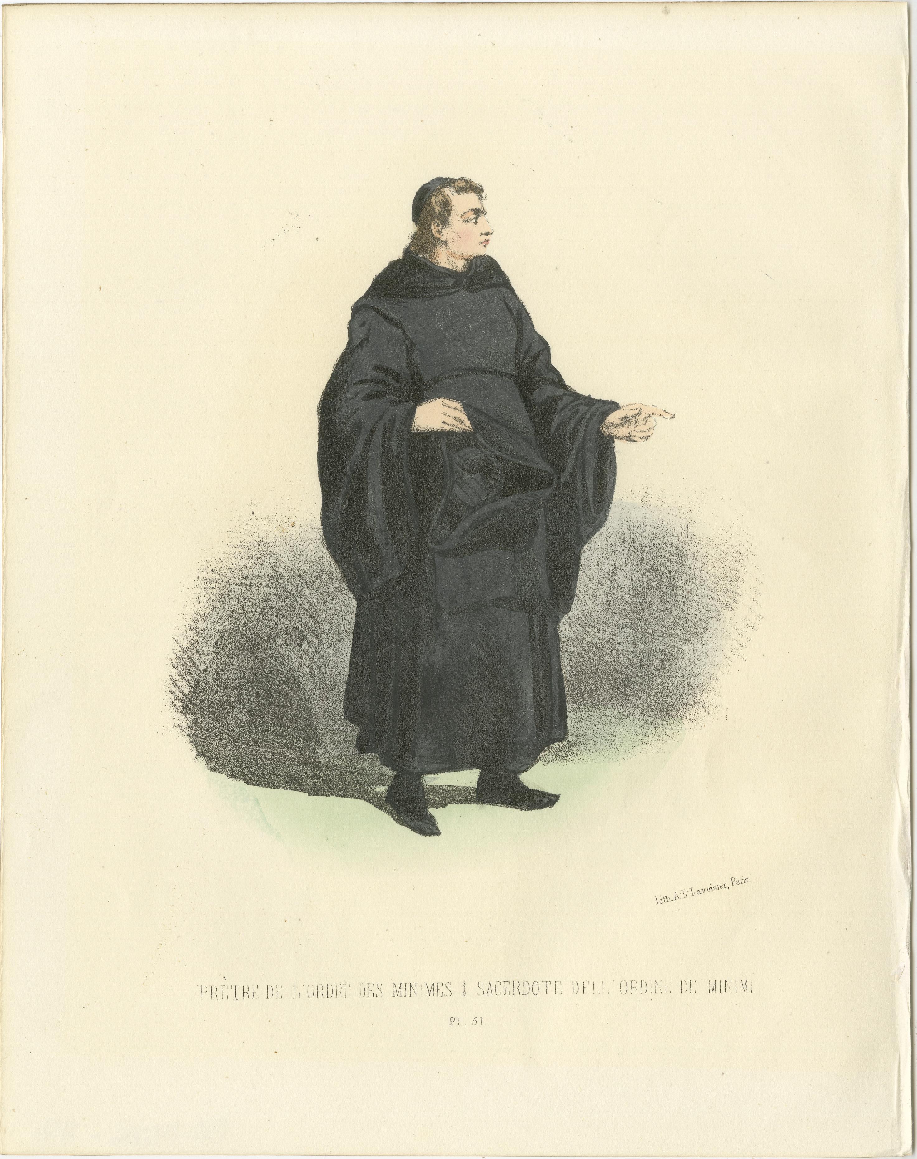 Priest of the Minims Order: A Glimpse into Monastic Devotion, Plate 51  

This finely detailed 19th-century lithograph showcases a priest of the Order of Minims, an austere religious order founded by St. Francis of Paola in the 15th century. The