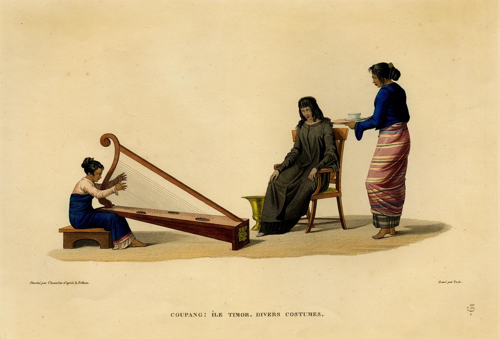 Antique print, titled: 'Coupang: Ile Timor. Divers Costumes.' - ('Coupang, Timor Island. Various costumes'). 

Three figures in the native dress of the Indonesian island Timor. A young woman plays a harp-like instrument while another brings a bowl
