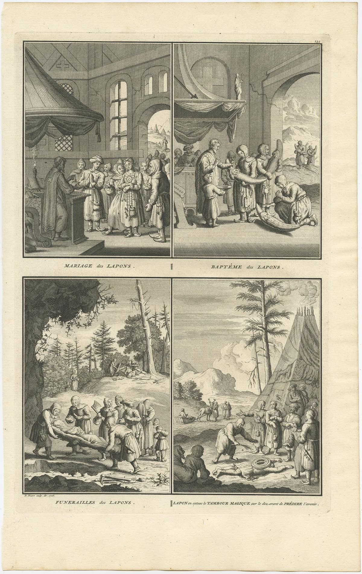 Print of Various Ceremonies 'Marriage, Funeral, Baptism, Magic' of Finland, 1726