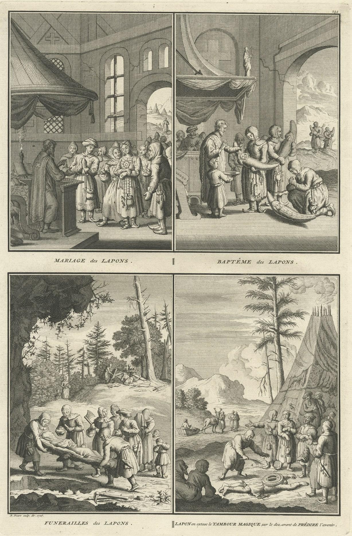 Print of Various Ceremonies 'Marriage, Funeral, Baptism, Magic' of Finland, 1726 In Good Condition For Sale In Langweer, NL