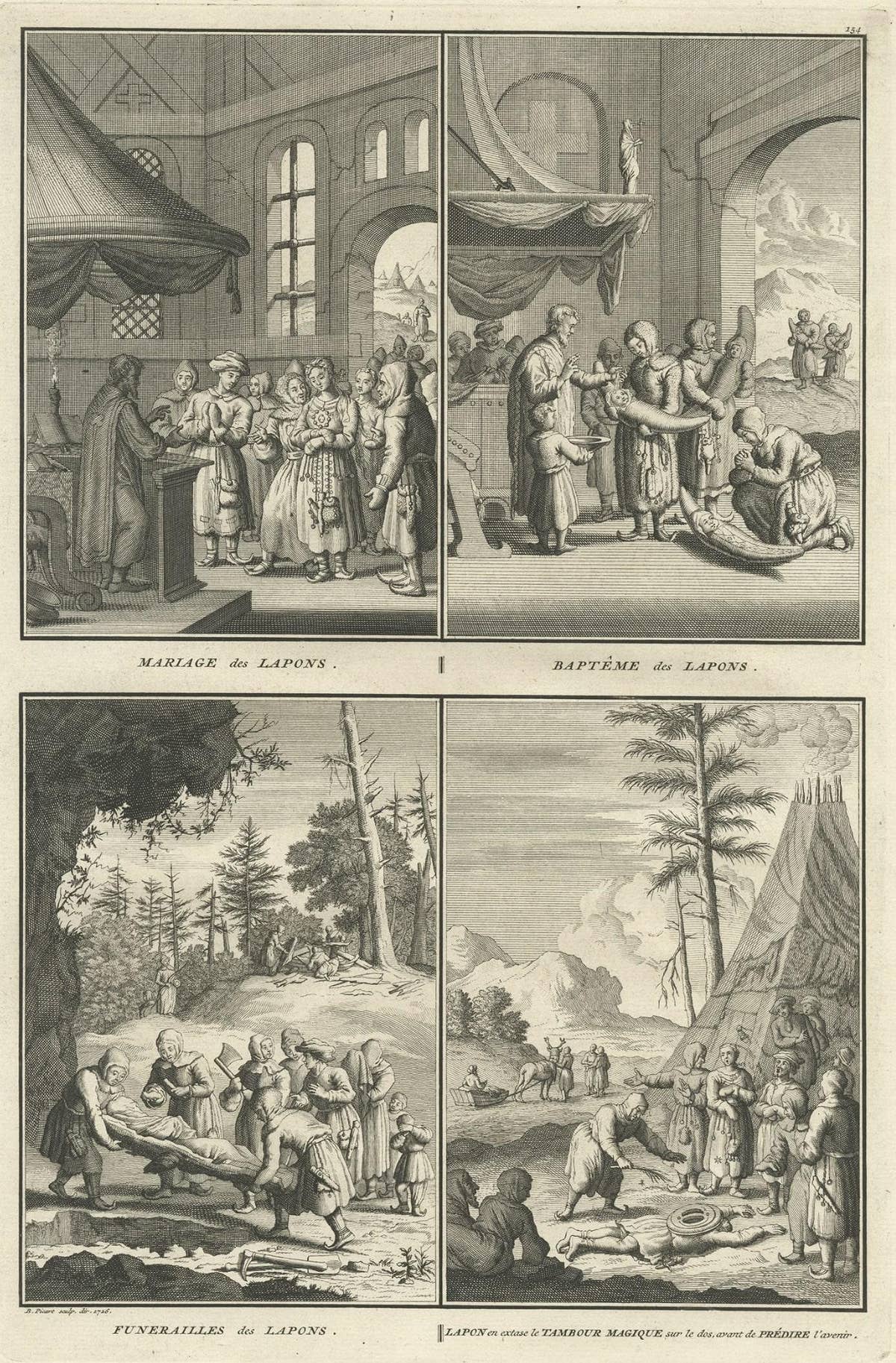 Print of Various Ceremonies 'Marriage, Funeral, Baptism, Magic' of Finland, 1726