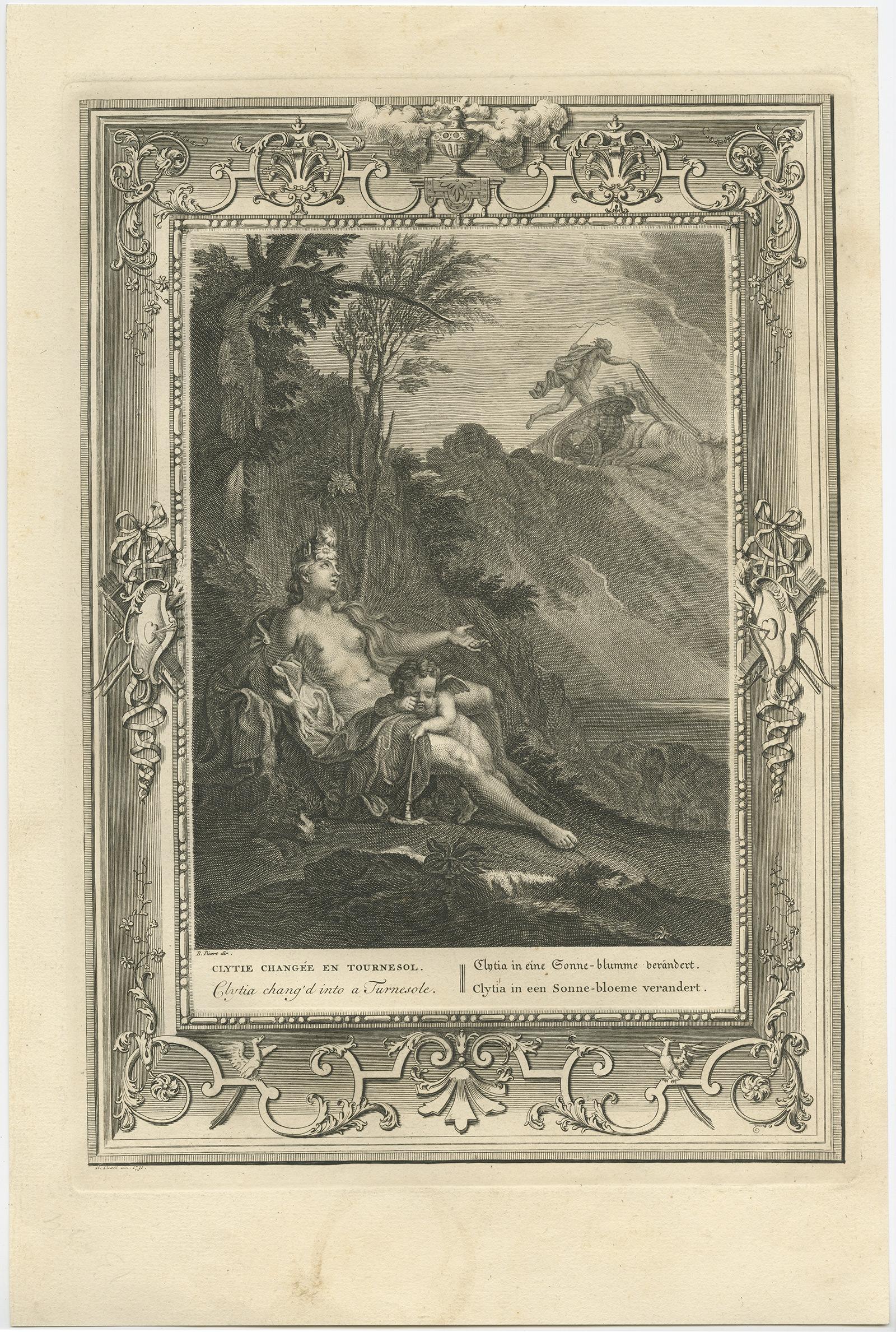 Antique print titled 'Clytie changée en Tournesol (..)'. 

This print depicts Clytia turning into a sunflower. Clytia (or Clytie) was a water nymph, daughter of Oceanus and Tethys in Greek mythology. She was loved by Apollo / Helios. After losing