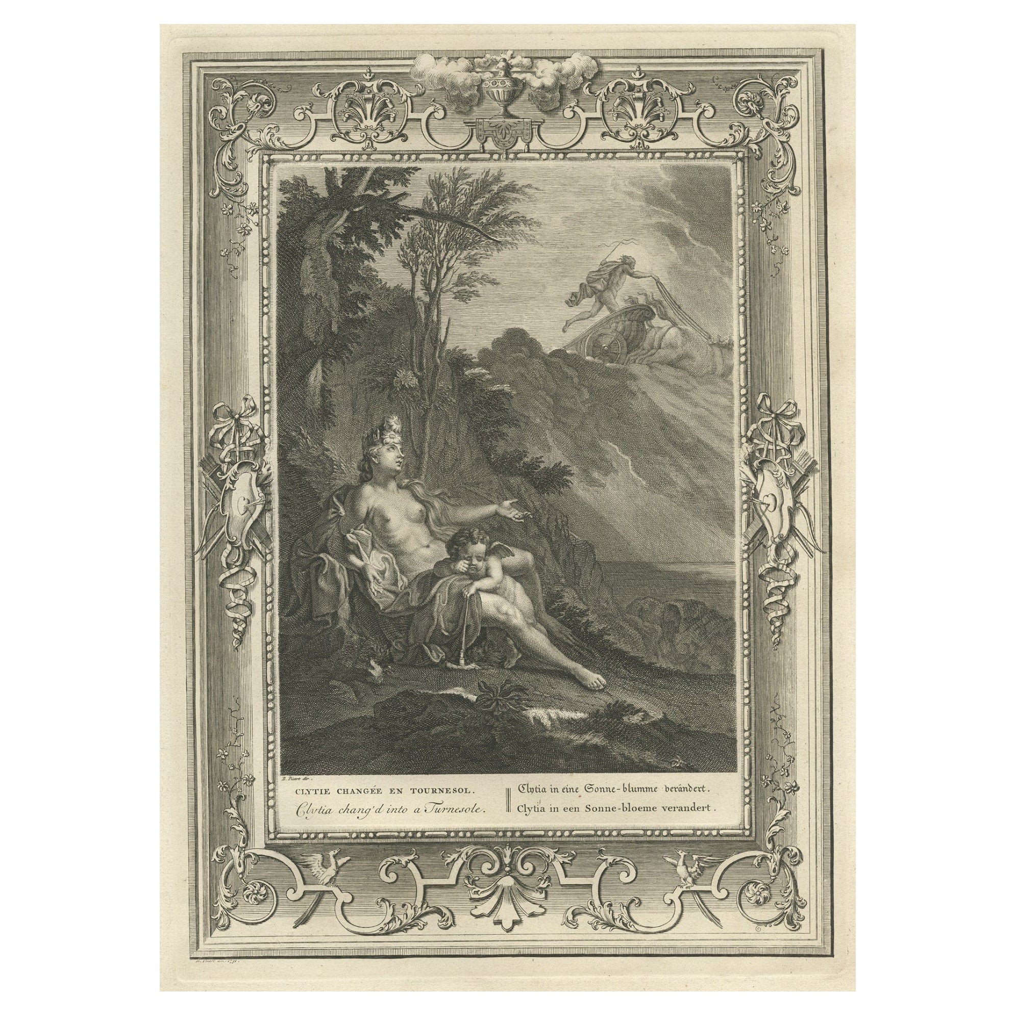 Zeichnung von Wassernymphe Clytia, Tochter von Oceanus, die in eine Sonnenblume taucht, 1733 im Angebot