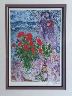Stampa su carta di Marc Chagall (after) Marc Chagall - Bouquet rosso con amanti